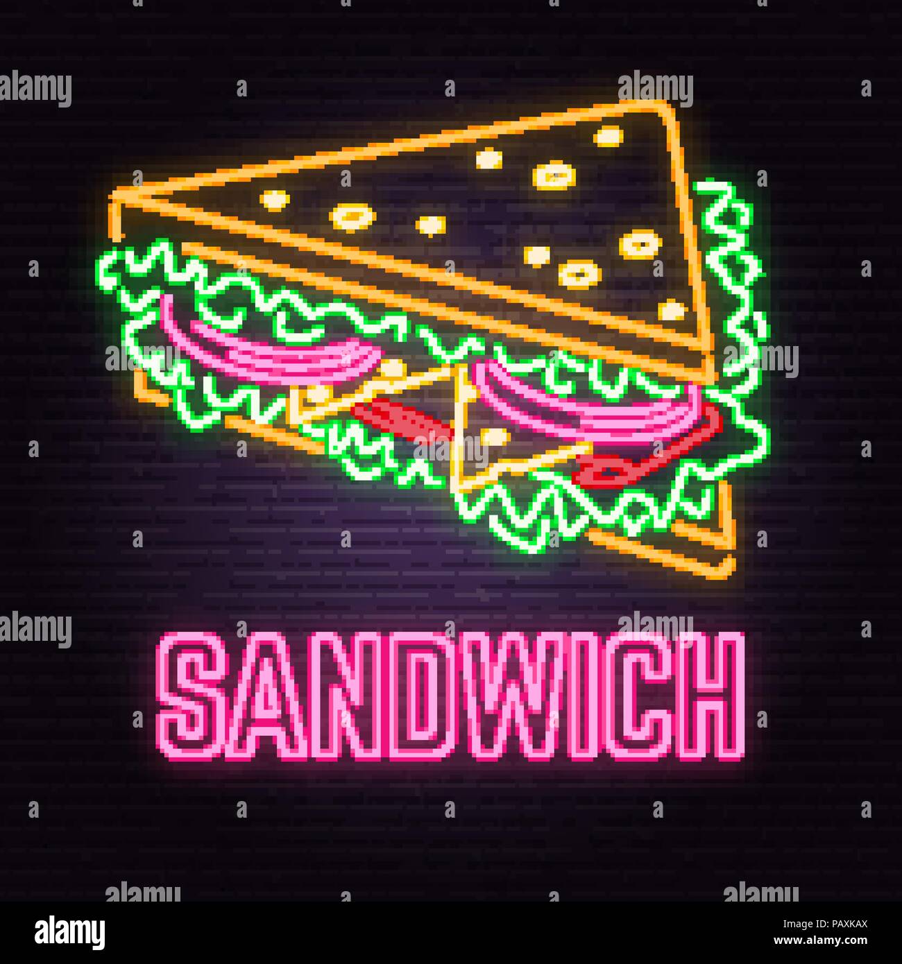 Retro neon sandwich sign on brick wall background. Design for cafe, hotel,restaurant or motel. Vector illustration. Neon design for shop, bar, pub or fast food business. Light sign banner. Glass tube. Stock Vector