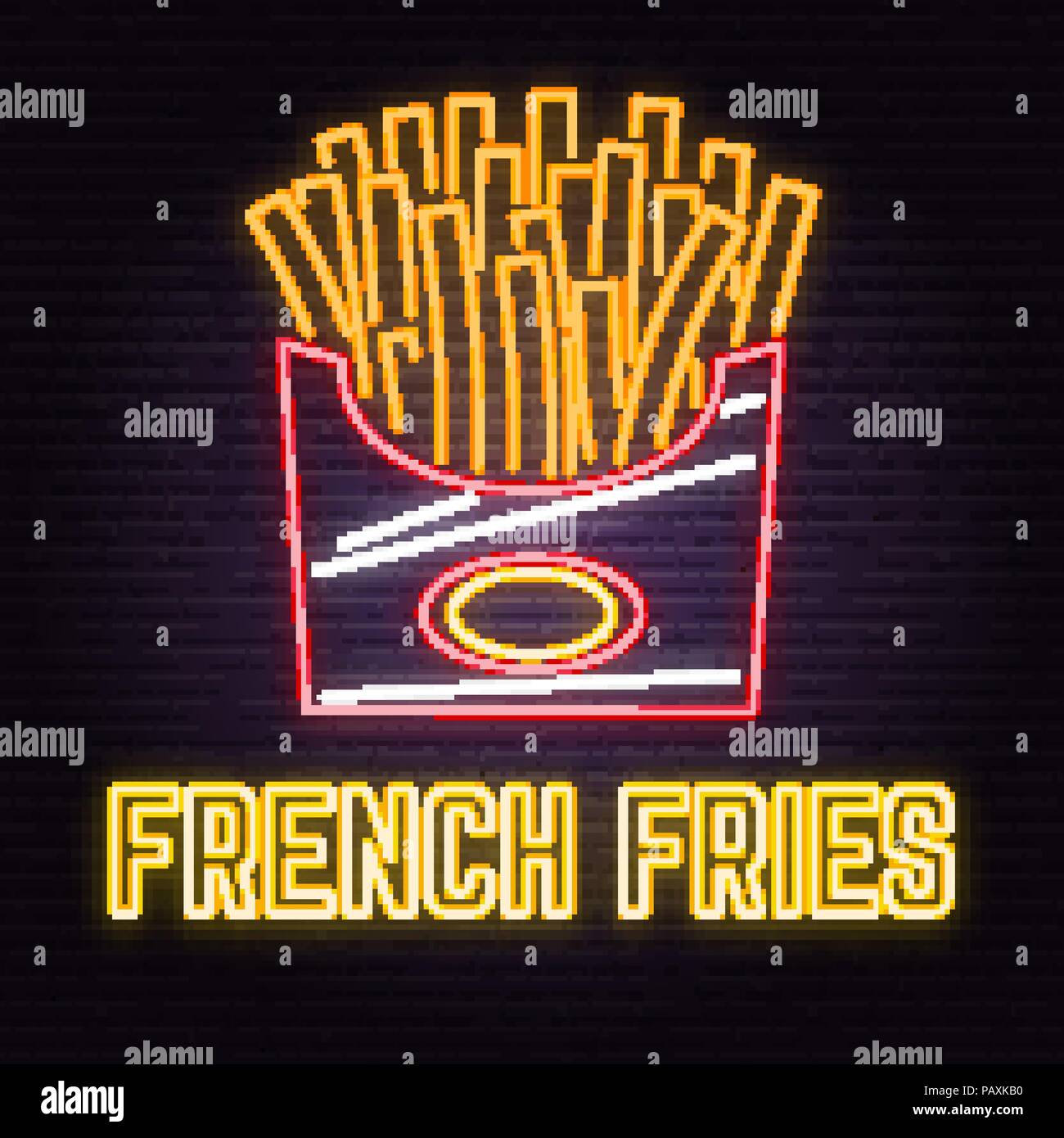 Retro neon french fries sign on brick wall background. Design for cafe, hotel,restaurant or motel. Vector illustration. Neon design for shop, bar, pub or fast food business. Light sign banner. Glass tube. Stock Vector