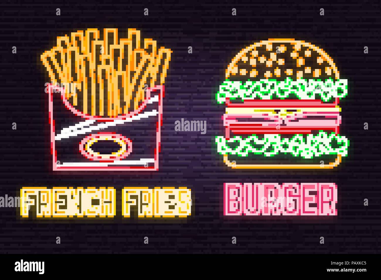 Retro neon burger and french fries sign on brick wall background. Design for cafe, restaurant. Vector. Neon design for pub or fast food business. Light burger and french fries sign banner. Glass tube. Stock Vector