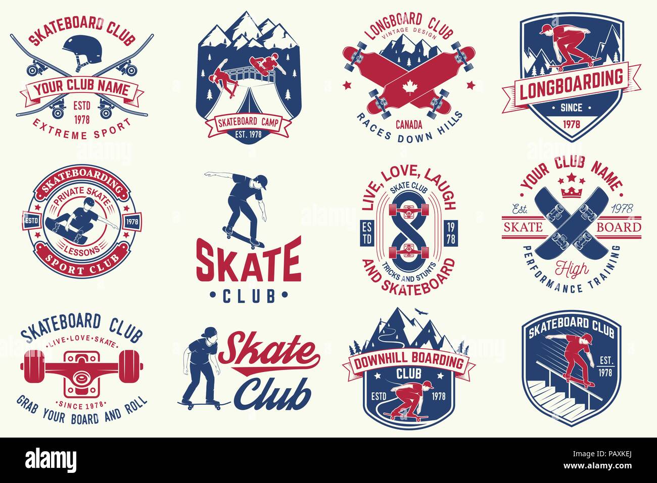Set of Skateboard and longboard club badges with design element. Vector. For skate club emblems, signs, t-shirt design Vintage typography design with skateboards, skate truck and helmet. Extreme sport Stock Vector