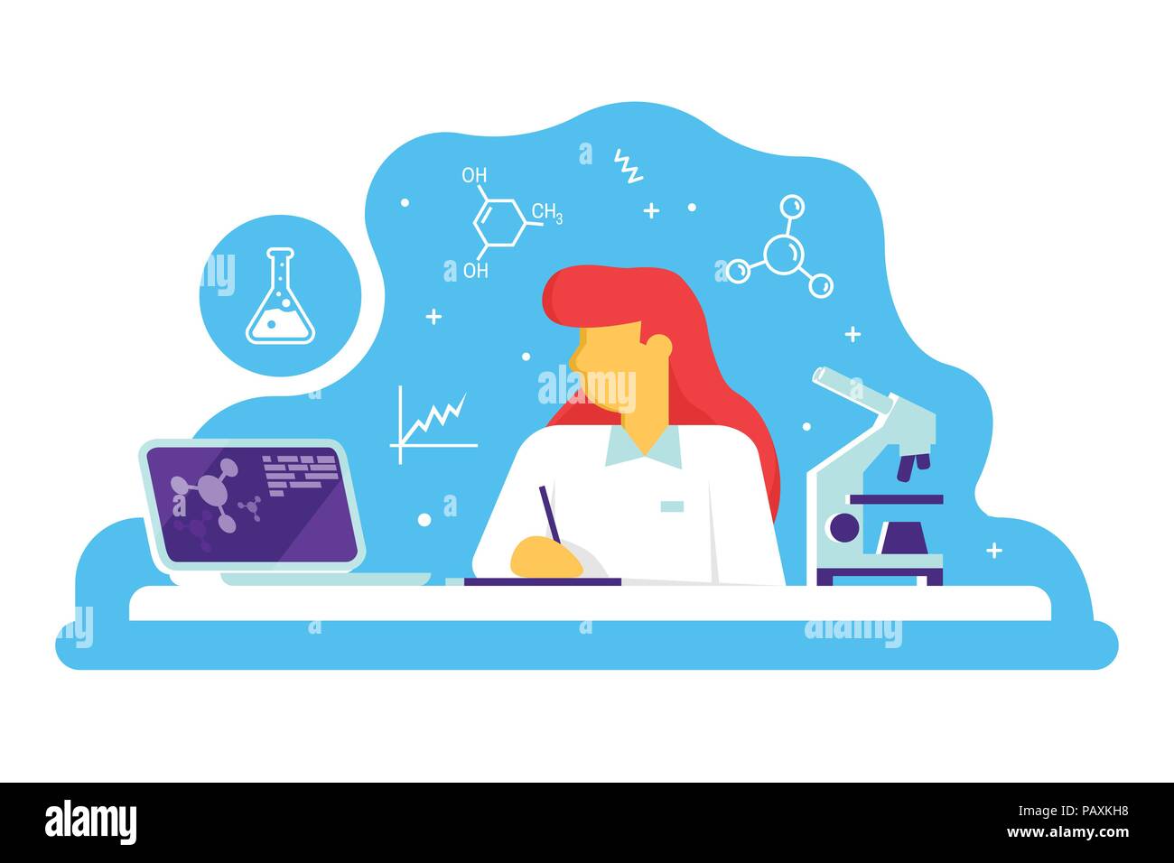 Scientific doctor woman working at science lab. Laboratory interior, with microscope and lab laptop. Vector. Scientific research concept in flat style.Work in medical chemical or biological lab Stock Vector