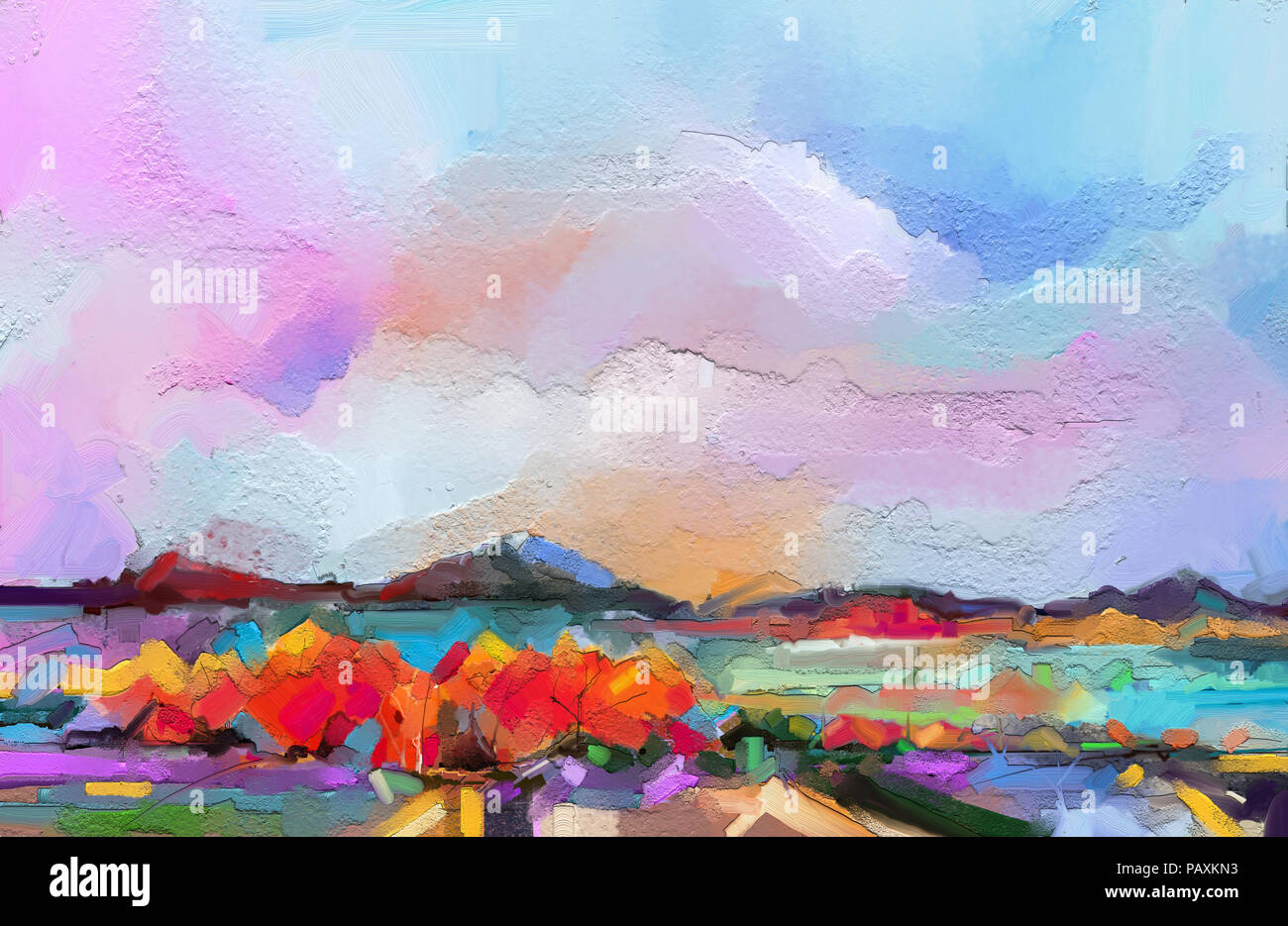 Abstract oil painting landscape. Colorful blue purple sky. Oil painting