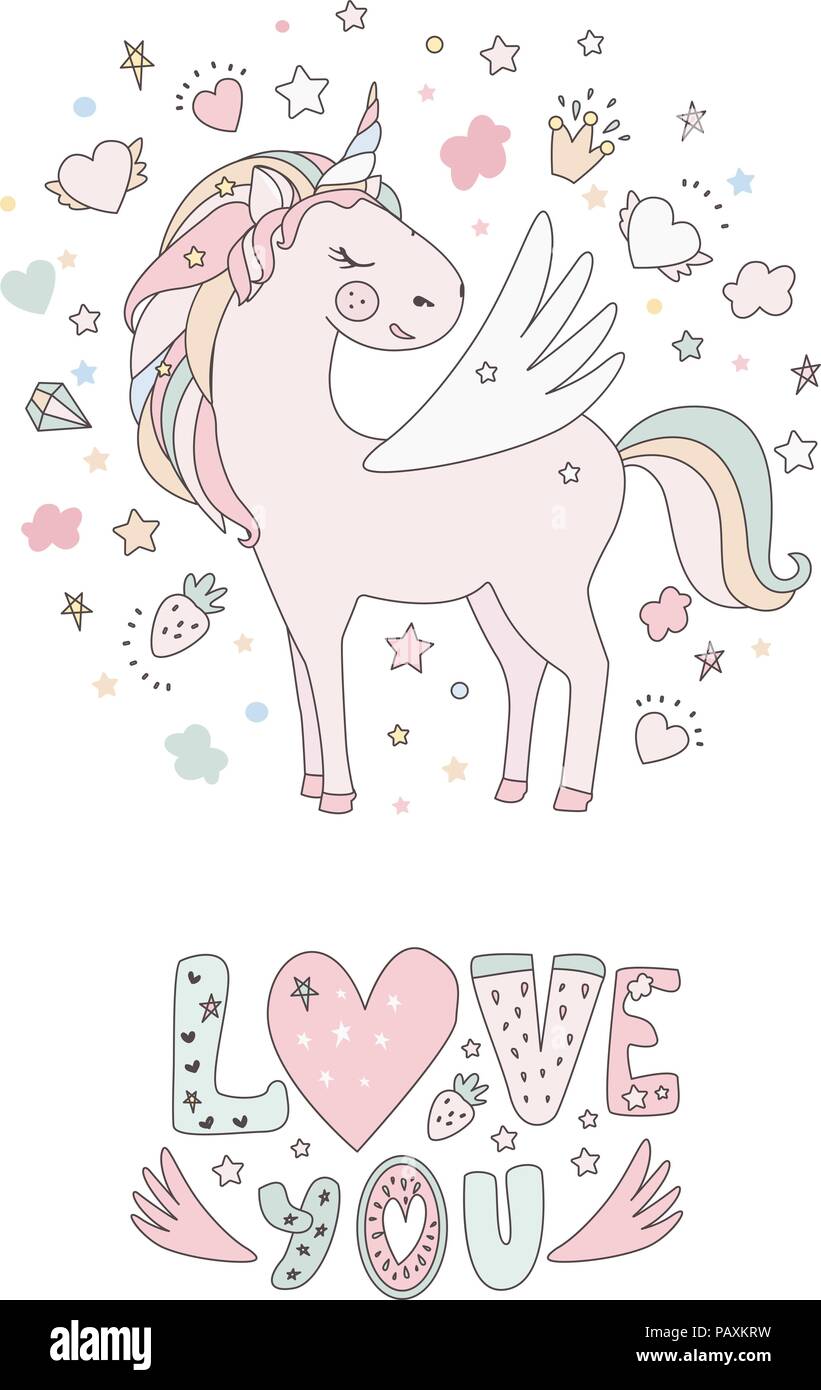 Unicorn vector sweet cute illustration. Magic fantasy design. Cartoon ...