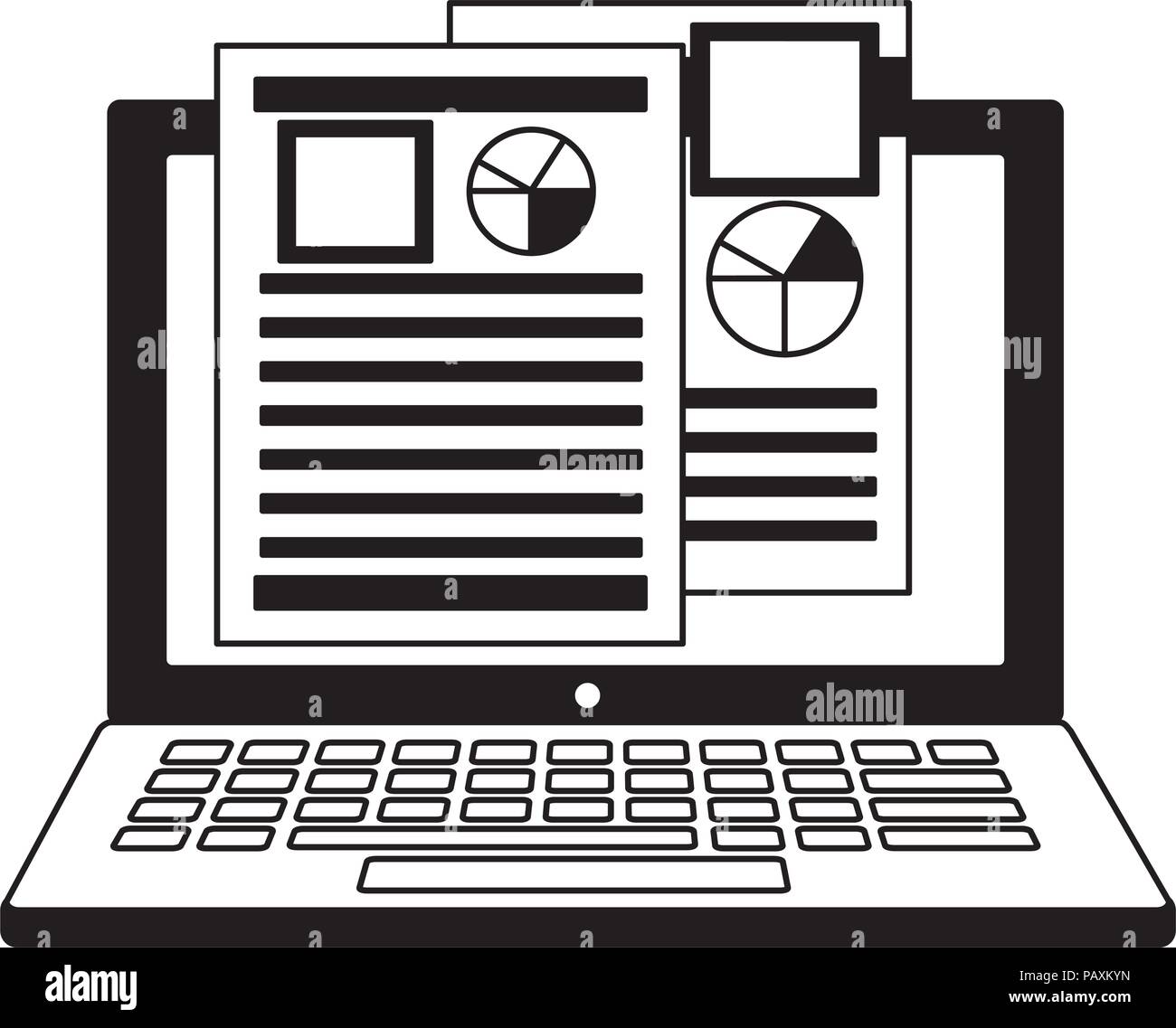 laptop computer with documents files isolated icon Stock Vector