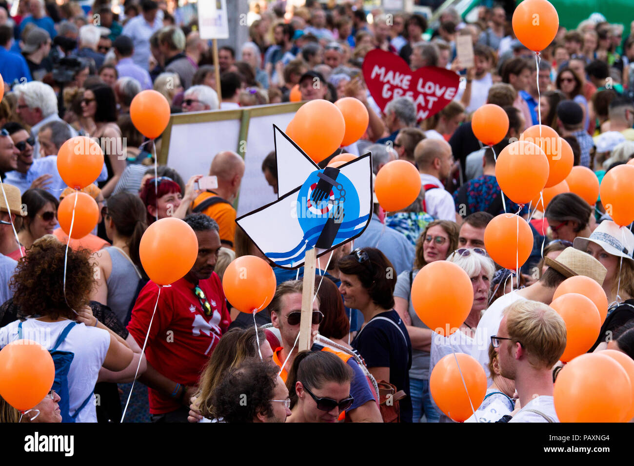 Several thousand people demonstrate on July 13, 2018 in Cologne for the rescue of refugees from the Mediterranean Sea. Under the motto 'Stop dying in  Stock Photo