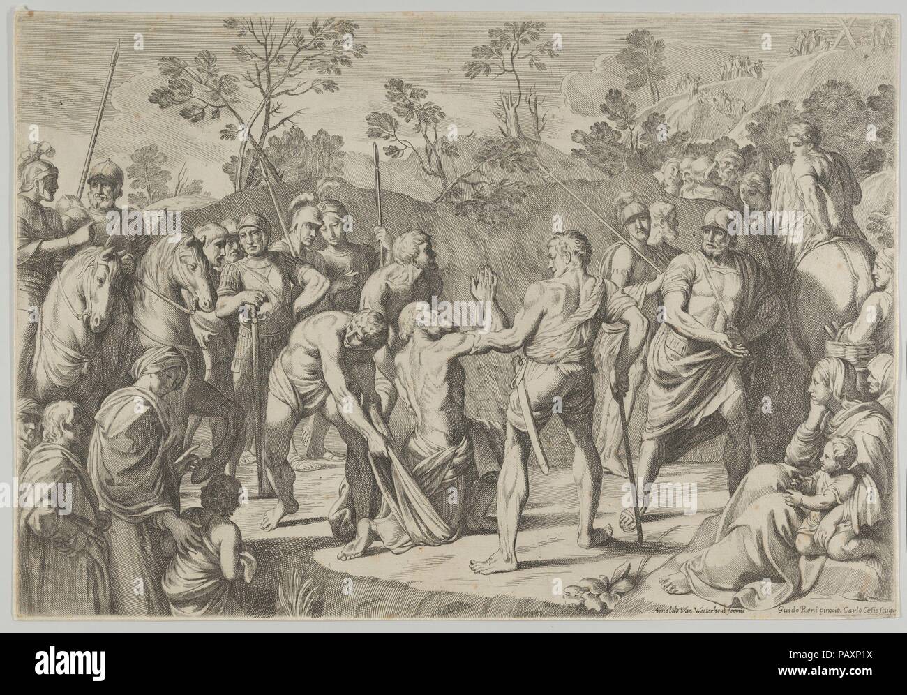 Saint Andrew kneeling in prayer as he is led to the cross, after Reni. Artist: After Guido Reni (Italian, Bologna 1575-1642 Bologna); Engraved by Carlo Cesi (Italian, Antrodoco ca. 1622-1682 Rieti). Dimensions: Sheet (Trimmed): 11 7/8 × 17 1/4 in. (30.1 × 43.8 cm). Publisher: Arnold van Westerhout (Flemish, Antwerp 1651-1725 Rome). Date: 1650-80.  After a fresco by Reni in the church of San Gregorio Magno in Rome. Museum: Metropolitan Museum of Art, New York, USA. Stock Photo