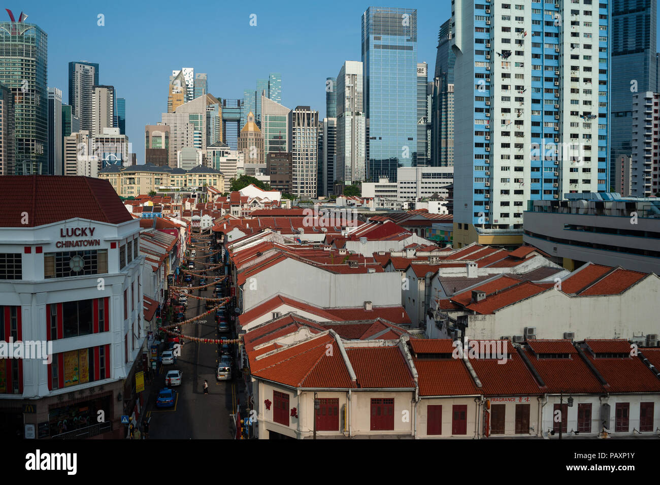 08.07.2018, Singapore, Republic of Singapore, Asia - An elevated view of Singapore's Chinatown district and the Central Business District. Stock Photo