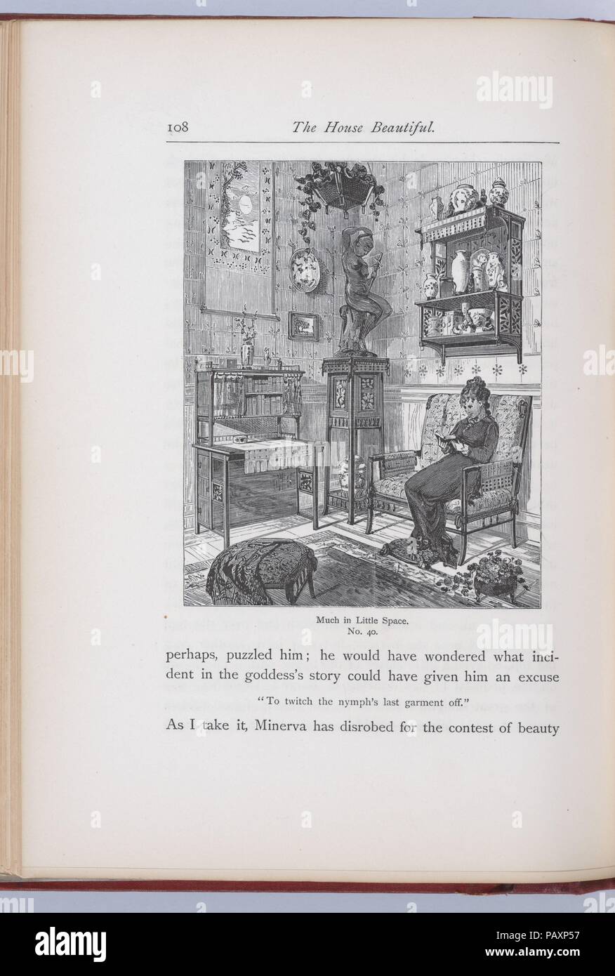 The House Beautiful, Essays on Beds and Tables, Stools and Candlesticks. Artist: Walter Crane (British, Liverpool 1845-1915 Horsham); W. B. Duncan (active 19th century); Francis Lathrop (American, Pacific Ocean 1849-1909); Alexandre Sandier (French, Beaune 1843-1916 Beaune); R. Riordan (active 19th century); James S. Inglis (British (born Scotland), 1852-1907); Maria Oakey Dewing (American, 1855-1927). Author: Clarence Cook (American, Dorchester, Massachusetts 1828-1900). Designer: Cover by Daniel Cottier (British, Glasgow, Scotland 1838-1891 Jacksonville, Florida). Dimensions: 10 1/16 x 7 7/8 Stock Photo