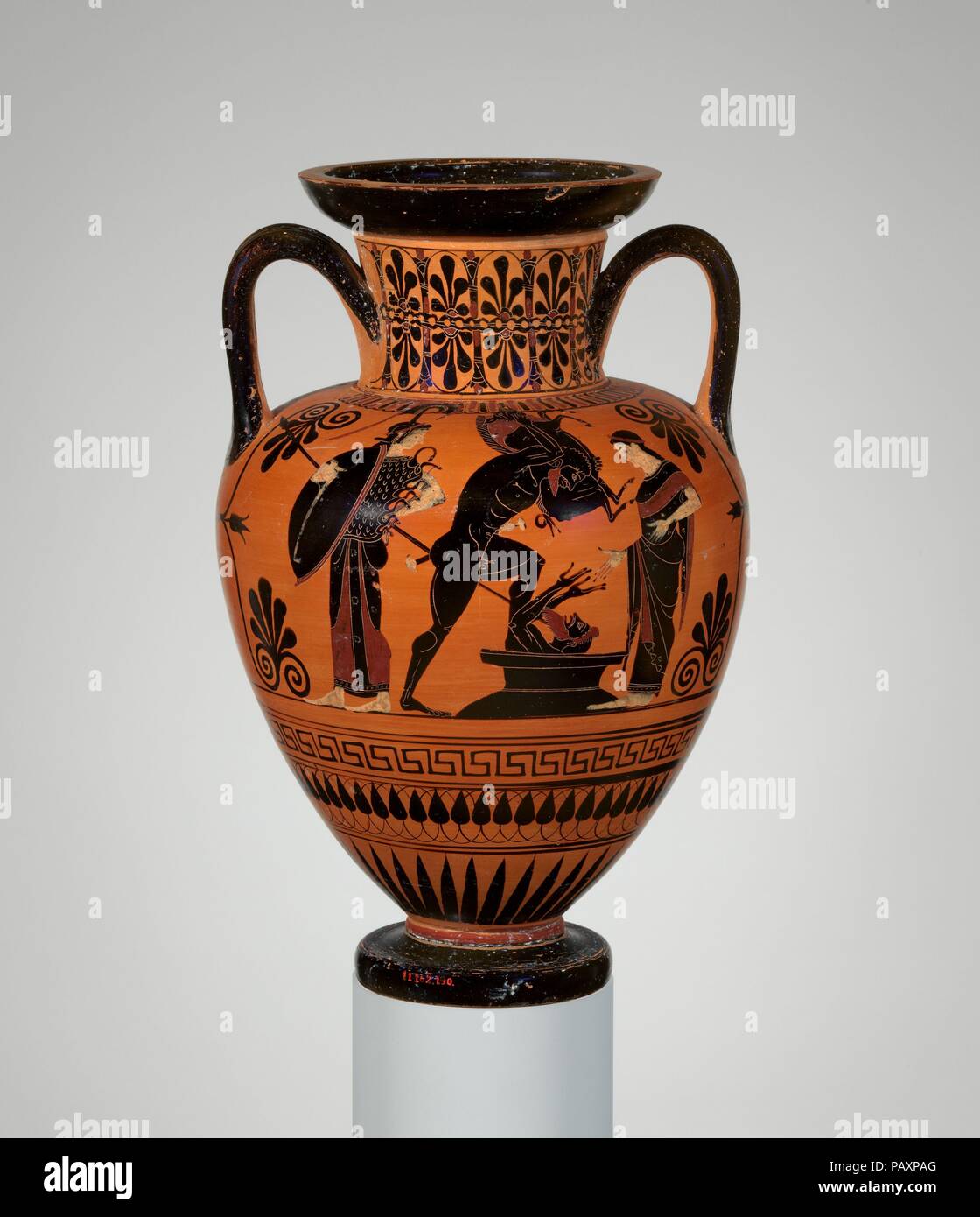 Neck-amphora. Culture: Greek, Attic. Dimensions: H. 16 3/16 in. (41.1 cm)  diameter  10 1/2 in. (26.7 cm). Date: last quarter of 6th century B.C..  Herakles bringing the Erymanthian boar to Eurystheus.   Warrior and archer. Museum: Metropolitan Museum of Art, New York, USA. Stock Photo