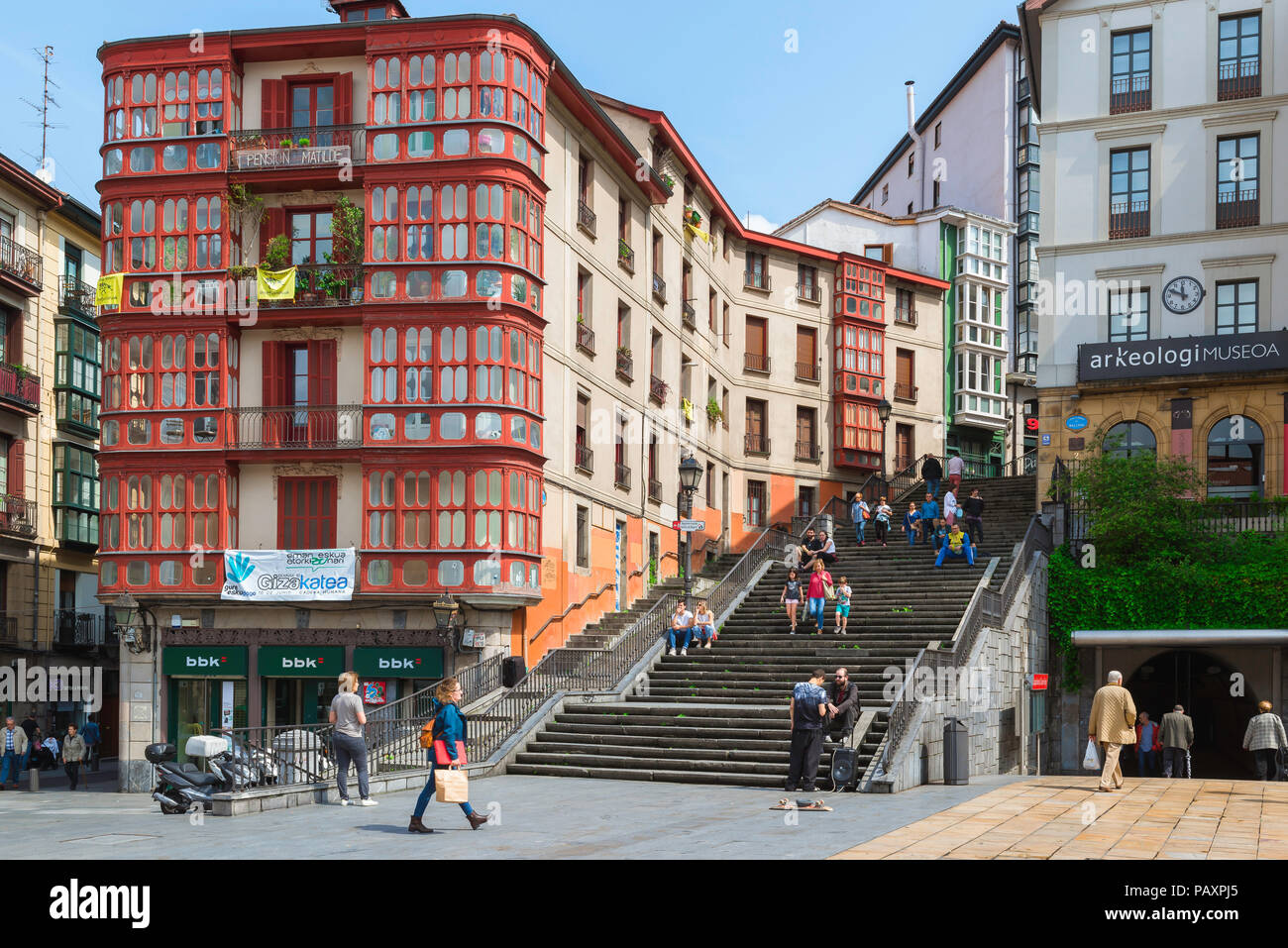 Bilbao Old Town, view of buildings and people in the Plaza de Unamuno in the center of the old town (Casco Viejo) area of Bilbao, Spain. Stock Photo