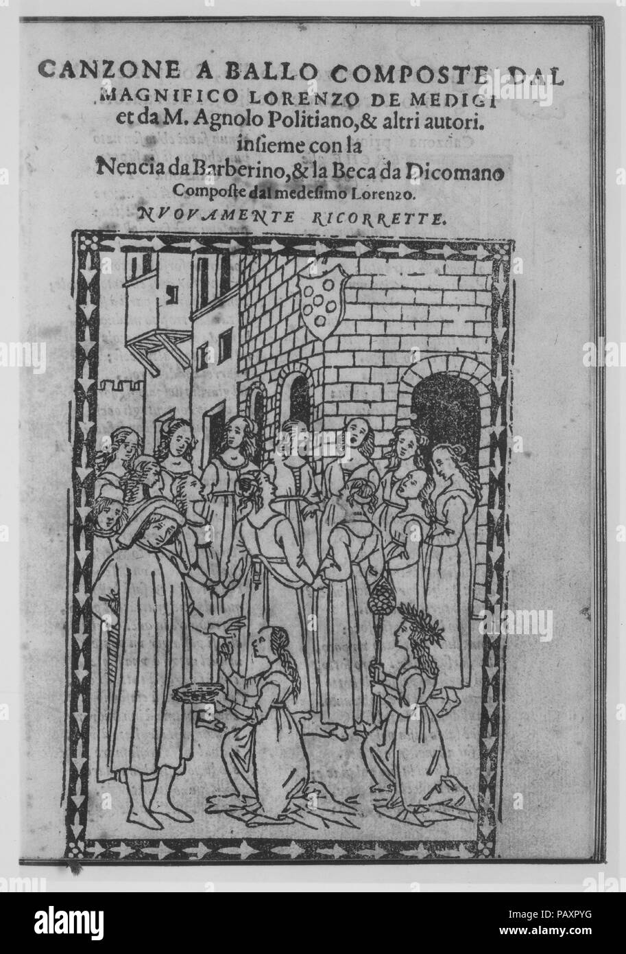 Canzone a ballo. Author: Written by Lorenzo de' Medici (Italian, Florence 1449-1492 Florence); Written by Angelo Poliziano (Italian, Montepulciano 1454-1494 Florence). Published in: Florence. Publisher: Published by Heirs of Filippo da Giunta (Florence). Date: 1568. Museum: Metropolitan Museum of Art, New York, USA. Stock Photo
