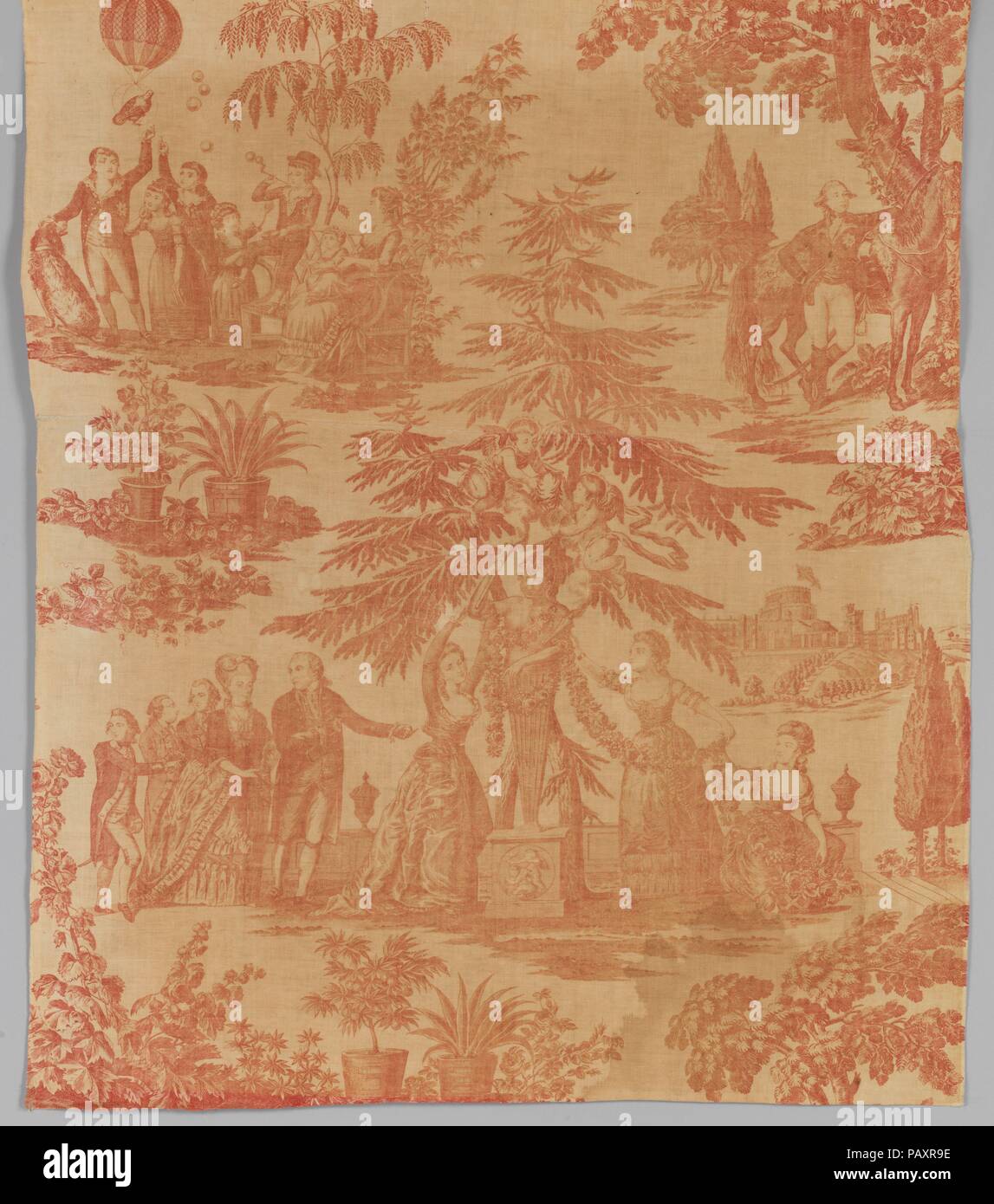 Copper plate printed cotton with King George III and his family. Artist: After engravings by J. Seymour , published London, 1779. Culture: British. Dimensions: H. 35 x W. 29 inches  88.9 x 73.7 cm. Date: ca. 1785.  The balloon in the upper left is based on the Charles and Robert's hydrogen balloon, launched December 1, 1783. The figure of the Prince of Wales is from an engraving by J.R. Smith, 1783, after a painting by Gainsborough. The group of the three princesses is adapted from an engraving by Thomas Watson, 1776, from the painting of 'the three Montgomery sisters decorating a terminal fig Stock Photo