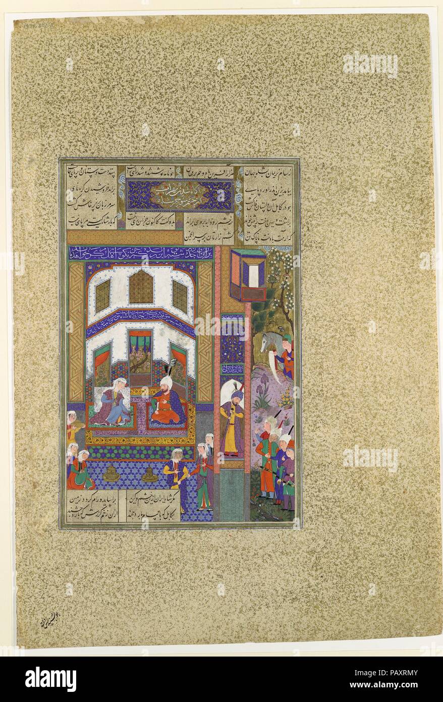 'Mihrab Vents His Anger Upon Sindukht', Folio 83v from the Shahnama (Book of Kings) of Shah Tahmasp. Artist: Painting attributed to Qadimi (active ca. 1525-65); Painting attributed to 'Abd al-Vahhab. Author: Abu'l Qasim Firdausi (935-1020). Dimensions: Painting: H. 10 15/16 in. (27.8 cm)   W. 7 1/8 in. (18.1 cm)  Page: H. 18 1/2 in. (47 cm)   W. 12 7/16 in. (31.6 cm)  Mat: H. 22 in. (55.9 cm)   W. 16 in. (40.6 cm). Date: ca. 1525-30.  When Mihrab of Kabul first heard of his daughter Rudaba's secret love affair with Zal, he wanted to kill her, but his wife Sindukht persuaded him that Sam, Zal's Stock Photo