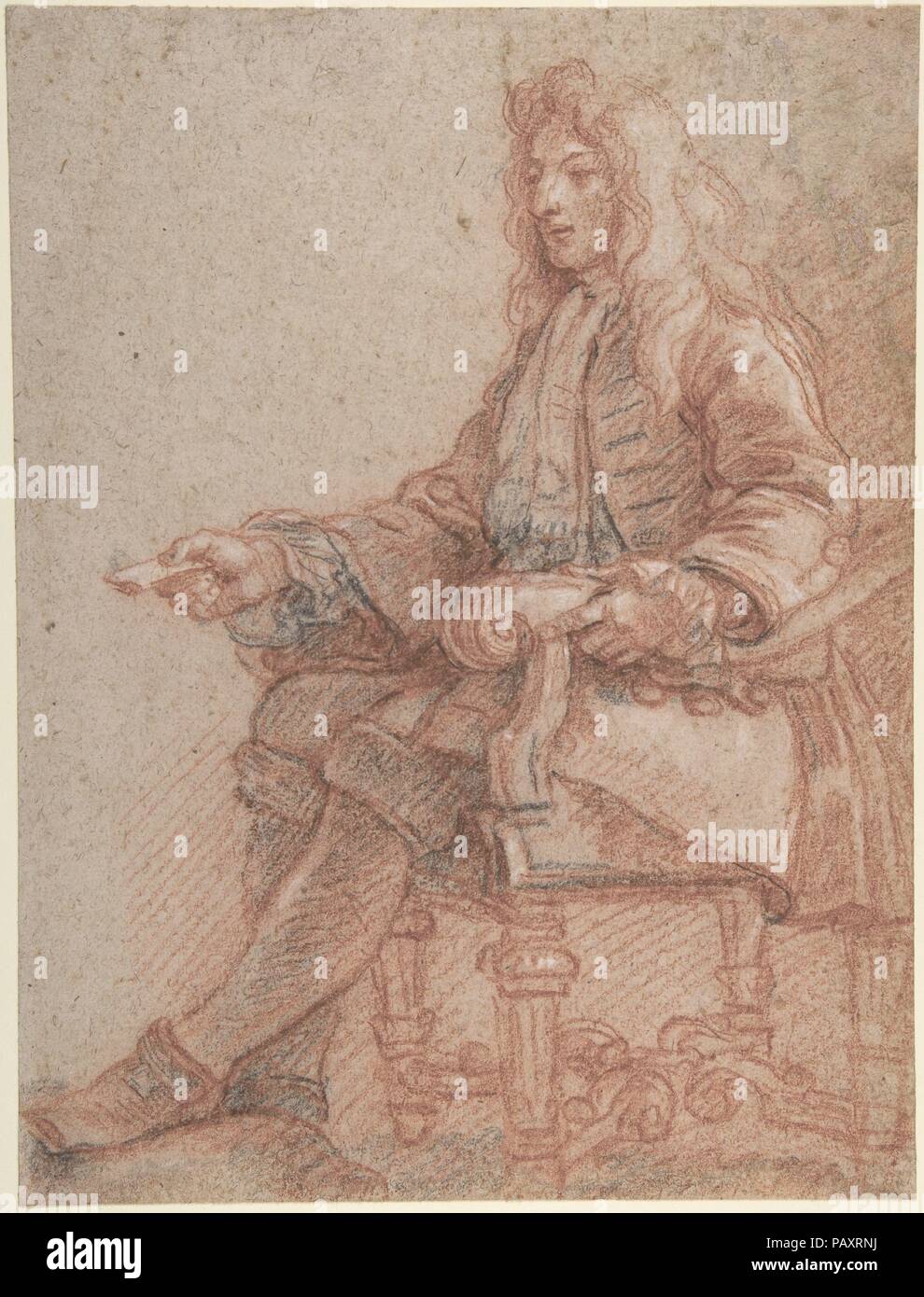 Gentleman Seated in an Armchair. Artist: Charles de la Fosse (French, Paris 1636-1716 Paris). Dimensions: 12 1/16 x 9 1/8 in.  (30.7 x 23.2 cm). Date: late 17th century-early 18th century.  After a trip to Italy from 1659 to 1664, to which he certainly owed his taste for color, La Fosse entered Le Brun's studio some time after 1665. He worked under his direction at the Château des Tuileries and then contributed to the decoration of the grands appartements at Versailles. La Fosse also created décors for private mansions and parisian churches.  Lively in its execution, this drawing cannot be con Stock Photo