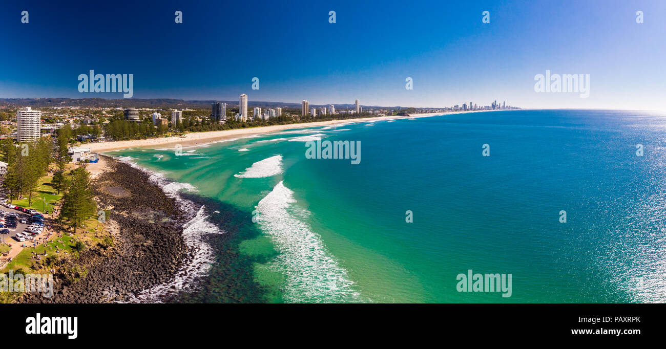 Aerial view of Burleigh Heads a famous surfing beach suburb on the Gold Coast, Queensland