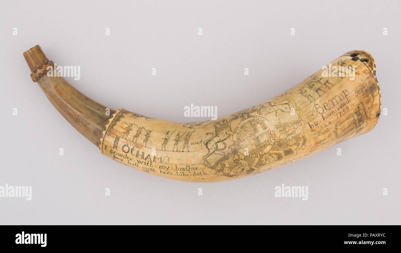 Powder Horn. Culture: Colonial American. Dimensions: L. 13 in. (33 cm); Diam. 3 1/2 in. (8.9 cm); Wt. 14.8 oz. (419.6 g). Engraver: Jacob Gay (American, New York, recorded 1758-87). Date: dated 1759.  One of the most prolific horn carvers, Jacob Gay is thought to have relocated from Nova Scotia to New England in about 1755, settling in New Hampshire. This horn is engraved with a map of the Hudson Valley and the forts from Albany to the Great Lakes, the British coat of arms, and the name of the owner, Iotham Bemus. Museum: Metropolitan Museum of Art, New York, USA. Stock Photo
