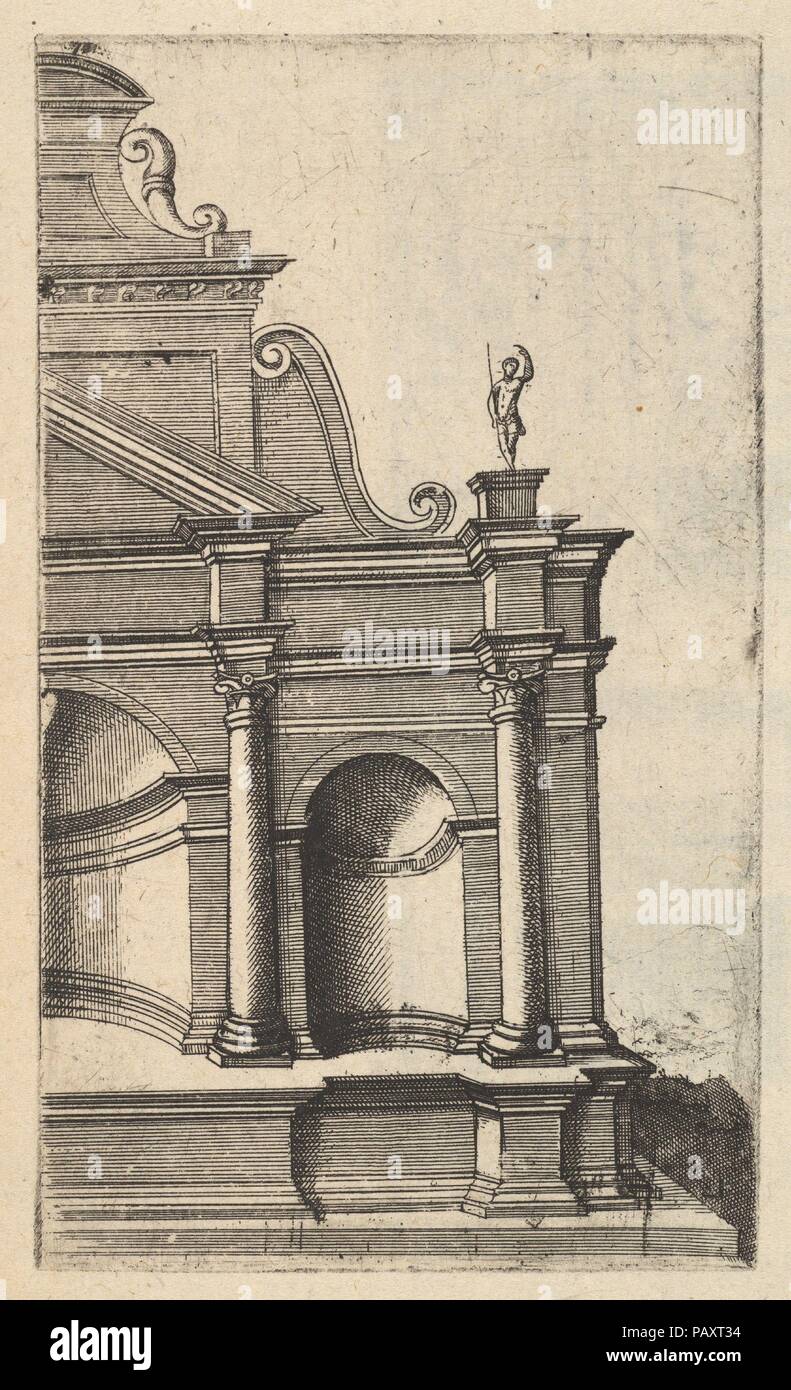 Partial View of a Monument [Mercurii Templum] from the series 'Ruinarum variarum fabricarum delineationes pictoribus caeterisque id genus artificibus multum utiles'. Artist: Lambert Suavius (Netherlandish, ca. 1510-by 1576); After a print previously attributed to the Master G.A. (Italian, active ca. 1535). Dimensions: Plate: 5 5/16 x 3 1/8 in. (13.5 x 7.9 cm). Date: ca. 1572.  Perspectival depiction of the right half of a temple, referred to as the 'Mercurii Templum', set in a stylized landscape. Curiously, the building does not appear to have an entrance, but both the central and right bay ar Stock Photo