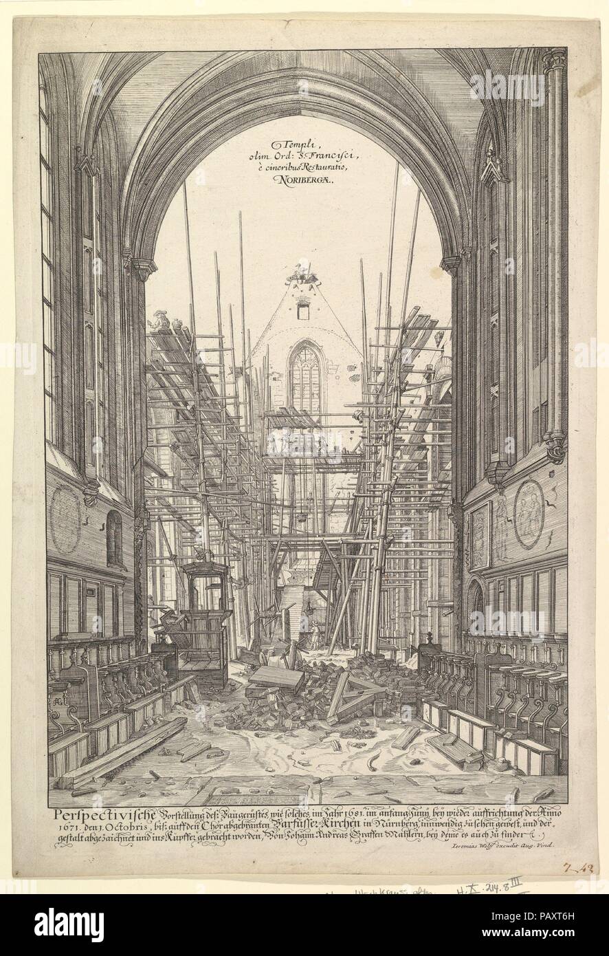 View of the Church of the Franciscans in Nuremberg under Reconstruction, from the series Views of Nuremberg. Artist: Johann Ulrich Kraus (German, 1655-1719); Designed by Johann Andreas Graff (German, 1637-1701). Date: n.d.. Museum: Metropolitan Museum of Art, New York, USA. Stock Photo