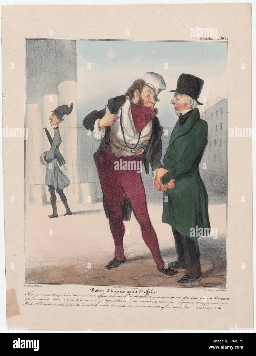 Plate 13: Robert Macaire, business agent, from 'Caricaturana,' published in Les Robert Macaires. Artist: Honoré Daumier (French, Marseilles 1808-1879 Valmondois). Author: Charles Philipon (French, Lyons 1800-1862 Paris). Dimensions: Image: 10 1/16 × 8 1/4 in. (25.6 × 21 cm)  Sheet: 13 7/16 × 10 3/16 in. (34.1 × 25.8 cm). Printer: Aubert et Cie; Junca. Publisher: Aubert et Cie. Series/Portfolio: 'Caricaturana'. Date: 1838.  Yesterday I made a mistake when I said that your business is in good shape. It's detestable. The government owes you five hundred thousand francs, it's true, but the debt ha Stock Photo