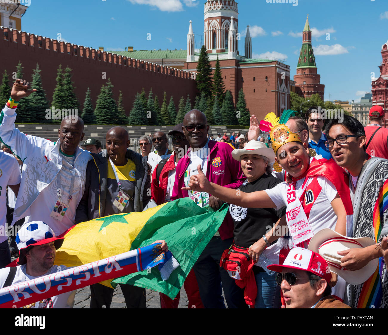 MOSCOW - JUNE 20, 2018: Soccer World Cup Fanatics of Senegal with flags with their typical costumes in the streets June 20, 2018 in Moscow, Russia Stock Photo