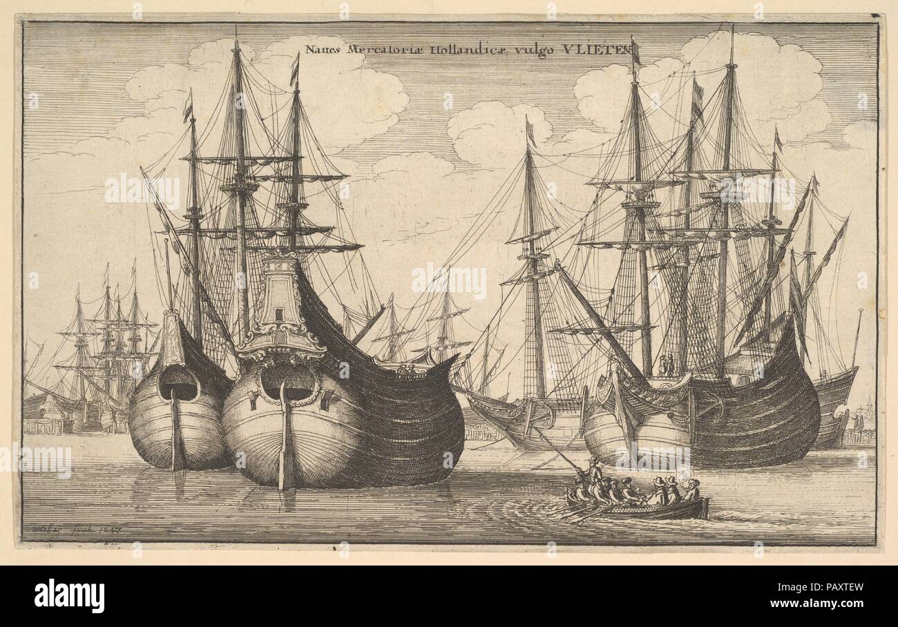 Naues Mercantoriæ Hollandicæ, vulgo VLIETEN (Dutch Freighters or Flutes). Artist: Wenceslaus Hollar (Bohemian, Prague 1607-1677 London). Dimensions: Plate: 5 11/16 × 9 1/4 in. (14.4 × 23.5 cm)  Sheet: 5 3/4 × 9 1/4 in. (14.6 × 23.5 cm). Series/Portfolio: Navium Variæ Figuræ et Formæ. Date: 1647.  A dinghy approaching two Dutch flutes, anchored in foreground at left; two similar ships at right, others in background. Museum: Metropolitan Museum of Art, New York, USA. Stock Photo