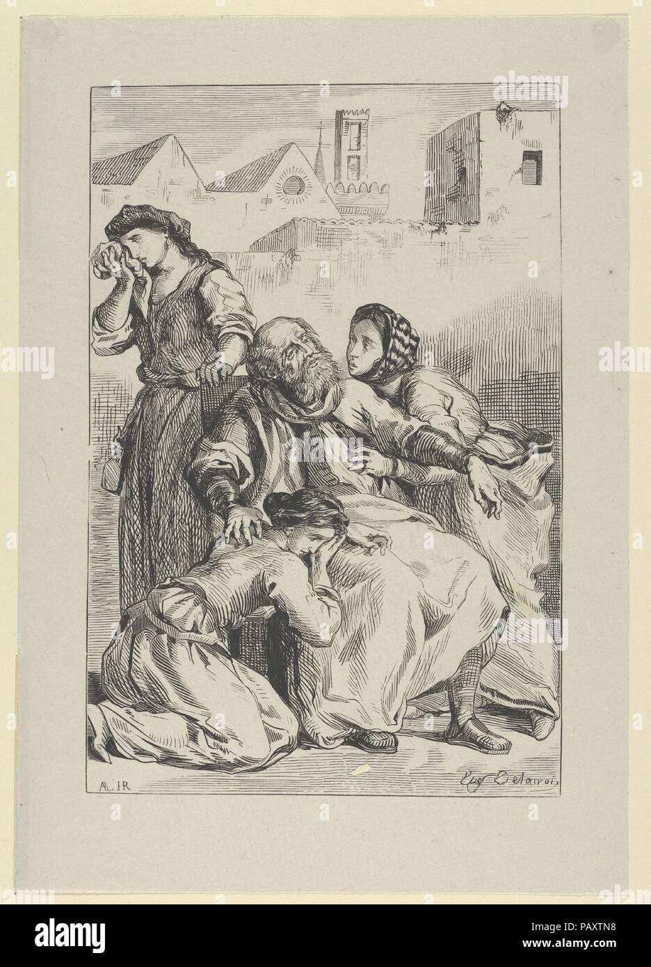 Death of Goetz von Berlichingen. Artist: Eugène Delacroix (French, Charenton-Saint-Maurice 1798-1863 Paris). Dimensions: Block: 8 9/16 x 5 3/4 in. (21.8 x 14.6 cm)  Sheet: 10 11/16 x 7 1/2 in. (27.1 x 19.1 cm). Series/Portfolio: Goethe, Goetz von Berlichingen. Date: 1845.  The subject of this print is based on a scene in Goethe's play (published in German in 1773; and French in 1823) that tells the story of  the life of a German knight (1480-1562) who fought to regain the privileges of free knights, nullified by the emperor Maximilian I in 1495. Museum: Metropolitan Museum of Art, New York, US Stock Photo