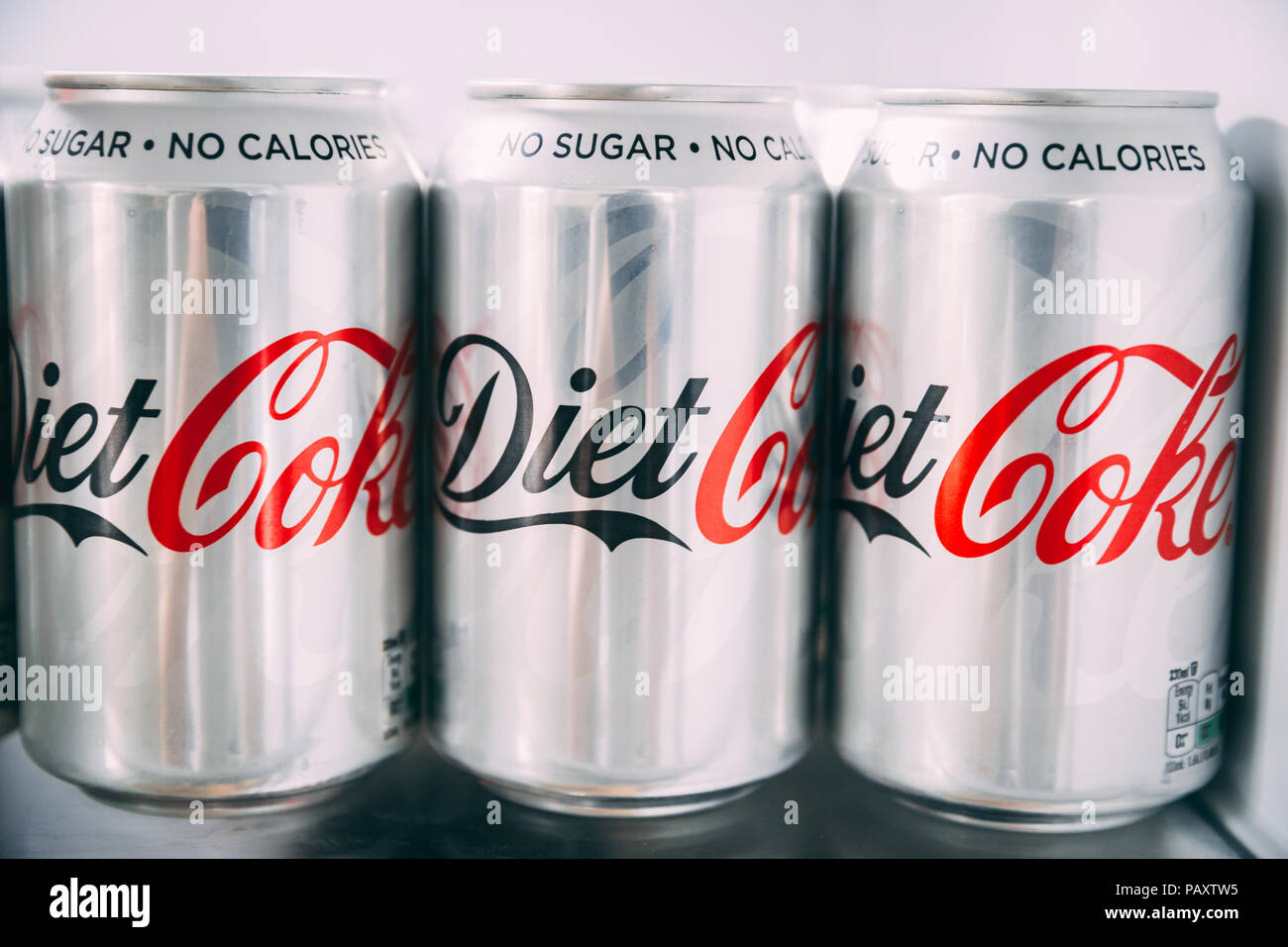LONDON - July 18, 2018: Cans of Diet Coke on fridge shelf Stock Photo