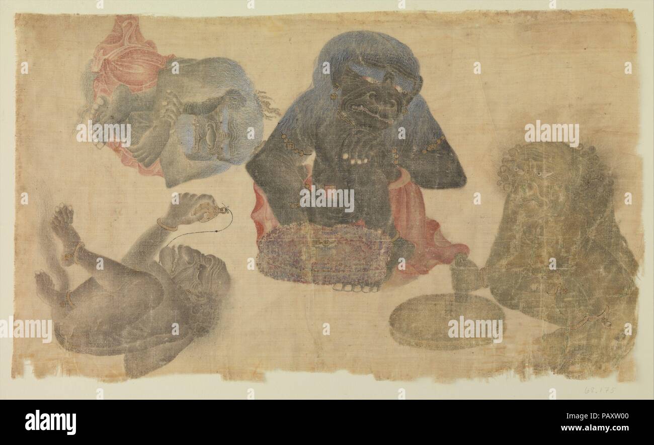 Four Captive Demons. Dimensions: H. 13 3/8 in. (34 cm)  W. 7 15/16 in. (20.2 cm). Date: 1470-1500.  This exceptional painting on silk portrays four demonlike figures rendered in exacting, fantastic detail. A series of similar paintings have been preserved within albums in Istanbul's Topkapi Palace Library. Some of these display inscriptions, attributing the works to an artist called 'Muhammad Siyah Qalam.' While much of the material found in these albums may be attributable to late fifteenth-century Iran, the use of silk as a support for painting was rare in the region, suggesting these enigma Stock Photo