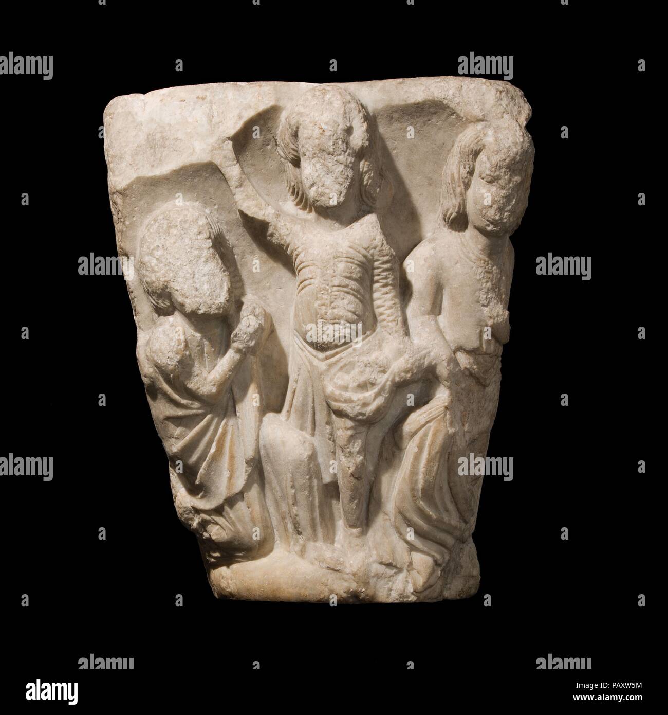 Double Capital Fragment with the Stoning of St. Stephen. Culture: French. Dimensions: 15 1/4 × 12 1/2 × 9 1/4 in. (38.7 × 31.8 × 23.5 cm). Date: 12th Century. Museum: Metropolitan Museum of Art, New York, USA. Stock Photo