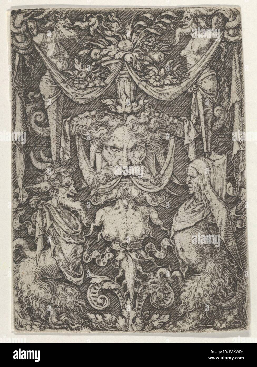 Panel with Grotesque Candelabrum Containing a Mask and Two Satyrs. Artist: Heinrich Aldegrever (German, Paderborn ca. 1502-1555/1561 Soest). Dimensions: Sheet: 2 5/8 × 1 15/16 in. (6.7 × 4.9 cm). Date: 1549.  Ornamental design panel with mask at center, flanked by two satyrs. The date  is located above the head of the bearded satyr at left, and the artist's monogram is located above the head of the satyr at right. Museum: Metropolitan Museum of Art, New York, USA. Stock Photo