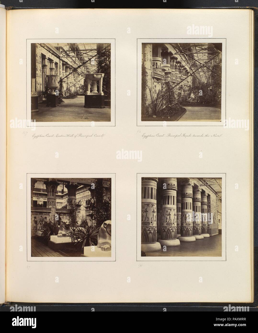 [Egyptian Court, Eastern Wall of Principal Court; Egyptian Court, Principal Facade towards the Nave; Lions in the Egyptian Court; [Colonnade Adorned with Egyptian Paintings]. Artist: Attributed to Philip Henry Delamotte (British, 1821-1889). Dimensions: 7.9 x 8.1 cm (3 1/8 x 3 3/16 in.), each. Date: ca. 1859. Museum: Metropolitan Museum of Art, New York, USA. Stock Photo