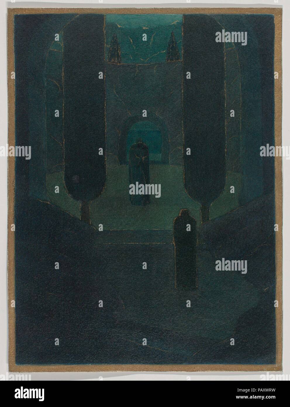 Cloaked Figures in a Dark Garden, possibly a stage set design. Artist: Herbert E. Crowley (British, London 1873-1939 Zurich). Dimensions: Sheet: 10 5/8 × 8 1/16 in. (27 × 20.4 cm). Date: 1911-24. Museum: Metropolitan Museum of Art, New York, USA. Stock Photo
