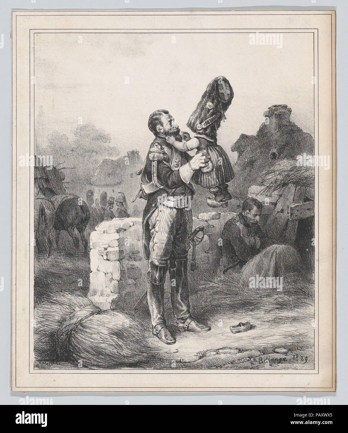 Soldier and small girl. Artist: Hippolyte Bellangé (French, 1800-1866). Dimensions: Sheet: 7 7/8 × 6 11/16 in. (20 × 17 cm)  Image: 6 15/16 × 5 13/16 in. (17.6 × 14.7 cm). Date: 1829. Museum: Metropolitan Museum of Art, New York, USA. Stock Photo