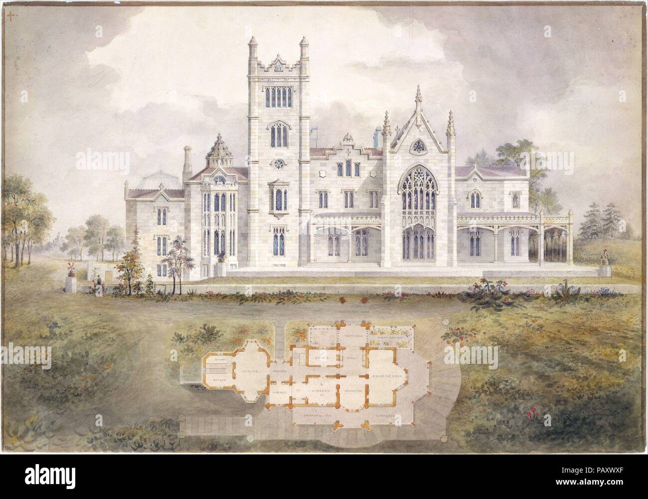 Lyndhurst for George Merritt, Tarrytown, New York (west [rear] elevation and plan). Artist: Alexander Jackson Davis (American, New York 1803-1892 West Orange, New Jersey). Dimensions: Sheet: 18 7/8 x 26 5/8 in. (47.9 x 67.6 cm). Date: 1865.  In 1864, Davis was commissioned by George Merritt to enlarge Knoll, the house he had built for the Paulding family between 1838 and 1842. In essence, he created a new house, the greatest house in the late Gothic Revival style still standing. Dramatically massed, it sits majestically upon a knoll, surrounded by many acres of Downingesque landscape, one of t Stock Photo