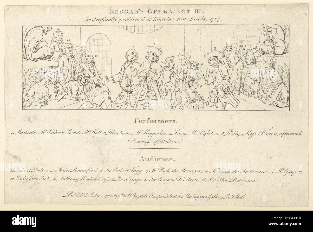 Key with List of Performers and Audience to: The Beggars Opera. Artist: After William Hogarth (British, London 1697-1764 London). Author: Illustrates John Gay (British, Barnstaple, Devon 1685-1732). Dimensions: Sheet: 5 13/16 x 8 11/16 in. (14.7 x 22 cm). Publisher: John & Josiah Boydell (British, 1786-1804). Date: July 1, 1790. Museum: Metropolitan Museum of Art, New York, USA. Stock Photo