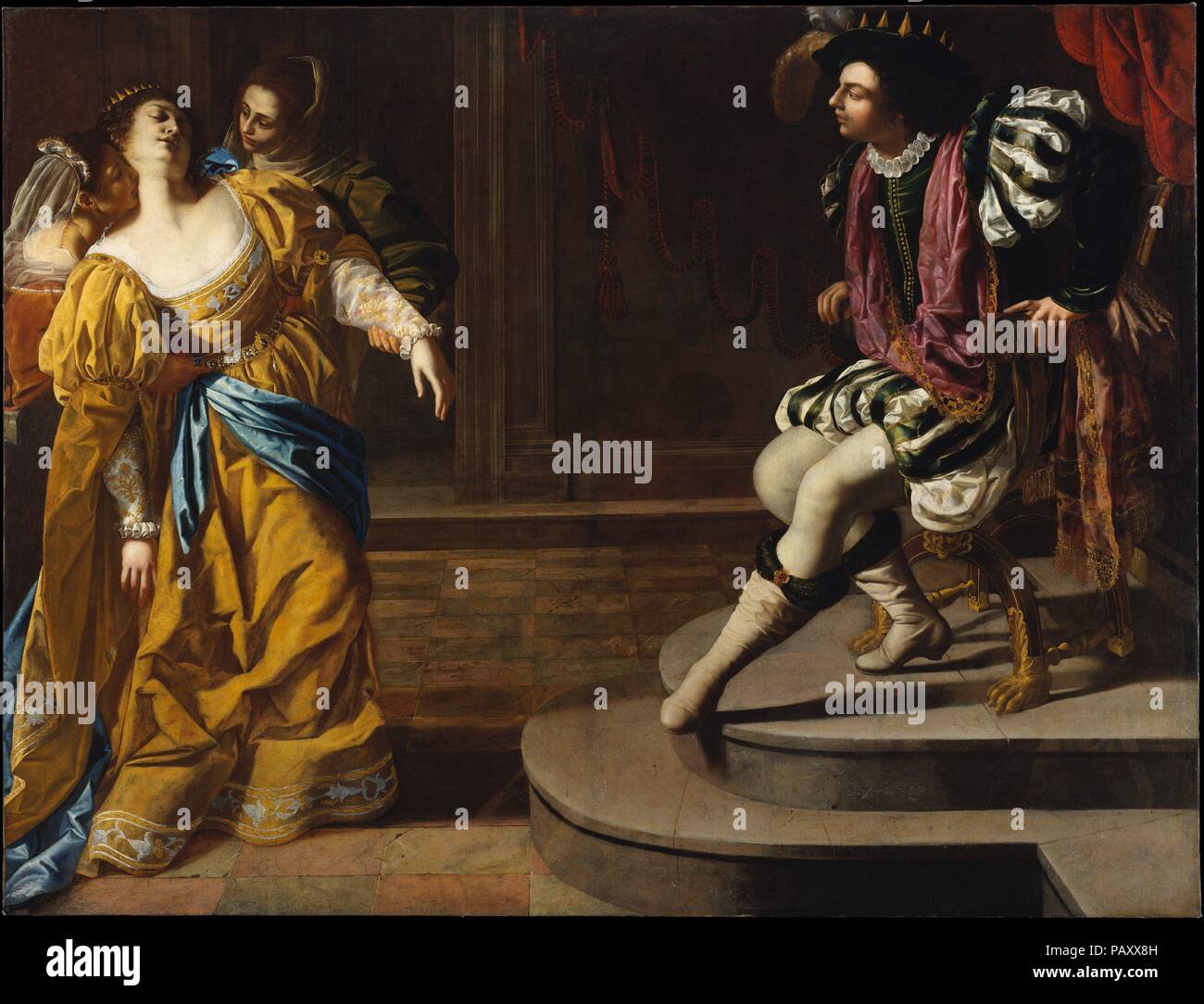 Esther before Ahasuerus. Artist: Artemisia Gentileschi (Italian, born Rome 1593-died Naples 1654 or later). Dimensions: 82 x 107 3/4in. (208.3 x 273.7cm).  The most famous woman painter of the seventeenth century, Artemisia worked in Rome, Florence, Venice, and Naples. This painting, among her most ambitious, recounts the story of the Jewish heroine Esther, who appeared before King Ahasuerus to plead for her people, breaking with court etiquette and risking death. She fainted in the king's presence, but her request found favor. The story is conceived not as a historical recreation but as a con Stock Photo