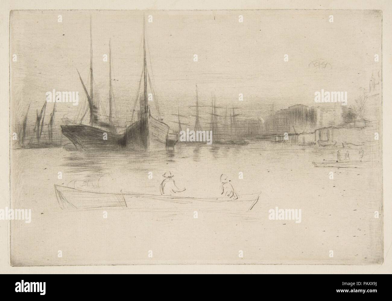 Steamboats off the Tower. Artist: James McNeill Whistler (American, Lowell, Massachusetts 1834-1903 London). Dimensions: Plate: 6 1/16 × 8 7/8 in. (15.4 × 22.5 cm)  Sheet: 8 3/8 × 10 7/8 in. (21.3 × 27.7 cm). Date: 1875. Museum: Metropolitan Museum of Art, New York, USA. Stock Photo