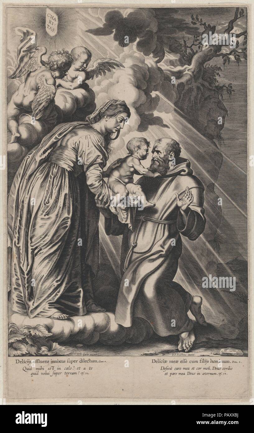 The Vision of Saint Francis, kneeling at right, receiving the Christ child from the Virgin Mary. Artist: After Peter Paul Rubens (Flemish, Siegen 1577-1640 Antwerp); Michel Lasne (French, Caen 1590-1667 Paris). Dimensions: Plate: 14 3/16 × 8 3/4 in. (36 × 22.3 cm)  Sheet (Trimmed): 14 3/8 in. × 9 in. (36.5 × 22.9 cm). Publisher: Theodoor Galle (Netherlandish, Antwerp 1571-1633 Antwerp). Date: 1617-20. Museum: Metropolitan Museum of Art, New York, USA. Stock Photo