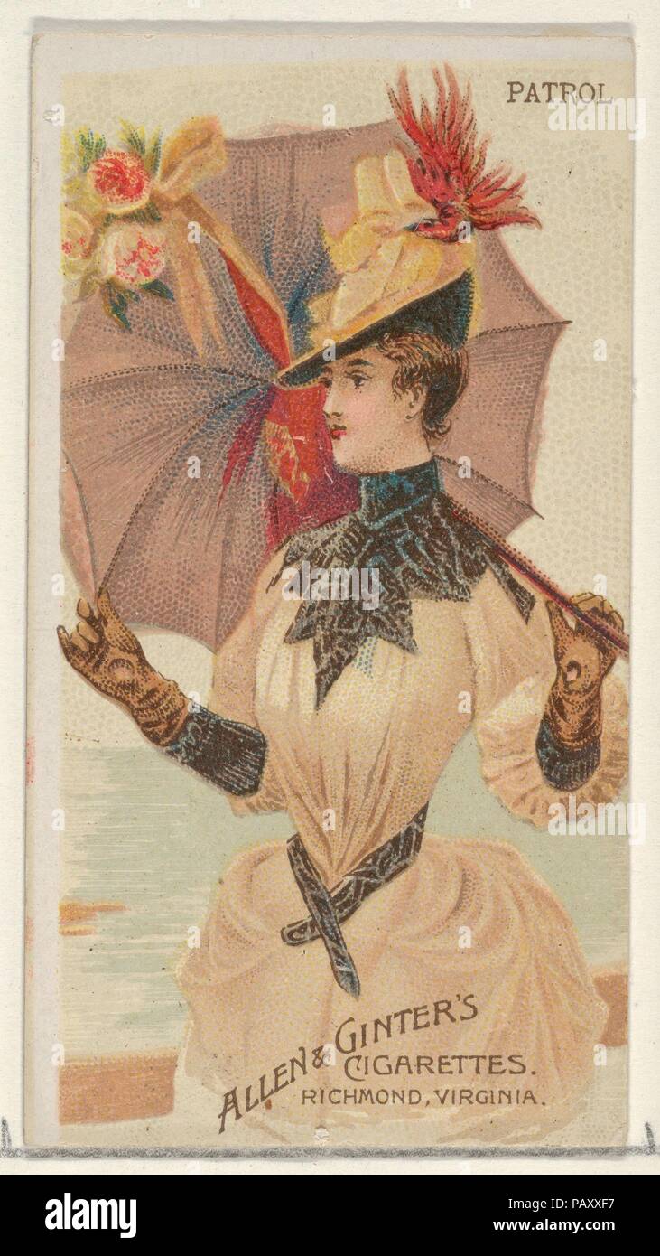 Patrol, from the Parasol Drills series (N18) for Allen & Ginter Cigarettes Brands. Dimensions: Sheet: 2 3/4 x 1 1/2 in. (7 x 3.8 cm). Lithographer: Schumacher & Ettlinger (New York). Publisher: Allen & Ginter (American, Richmond, Virginia). Date: 1888.  Trade cards from the 'Parasol Drill' series (N18), issued in 1888 in a set of 50 cards to promote Allen & Ginter brand cigarettes. Museum: Metropolitan Museum of Art, New York, USA. Stock Photo