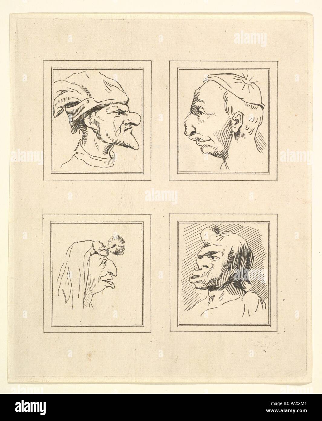 Four Heads (from Characaturas by Leonardo da Vinci, from Drawings by Wincelslaus Hollar, out of the Portland Museum). Artist: After Wenceslaus Hollar (Bohemian, Prague 1607-1677 London); After Leonardo da Vinci (Italian, Vinci 1452-1519 Amboise). Dimensions: Plate: 7 11/16 x 6 5/16 in. (19.5 x 16 cm)  Sheet: 7 7/8 x 6 9/16 in. (20 x 16.7 cm). Publisher: Published London by John Clarke (British, active 1788-91). Date: 1786. Museum: Metropolitan Museum of Art, New York, USA. Stock Photo