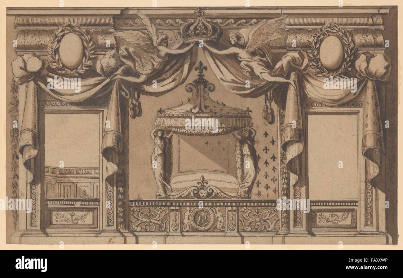 Elevation of a Royal Bedroom. Artist: Anonymous, French, 17th century; Formerly attributed to Jean Le Pautre (French, Paris 1618-1682 Paris). Dimensions: 7 3/8 x 12 3/16 in. (18.8 x 30.9 cm). Date: 1656-57 or after.  Jean Lepautre was the older brother of the architect Antoine Le Pautre. He is mainly known for his enormous production of prints of which a large part contains designs for architecture, the interior and ornament, often based on his own designs. He devoted 10 series, comprising a total of 71 prints to designs for bedrooms, some of which contain narrative scenes while others are pur Stock Photo