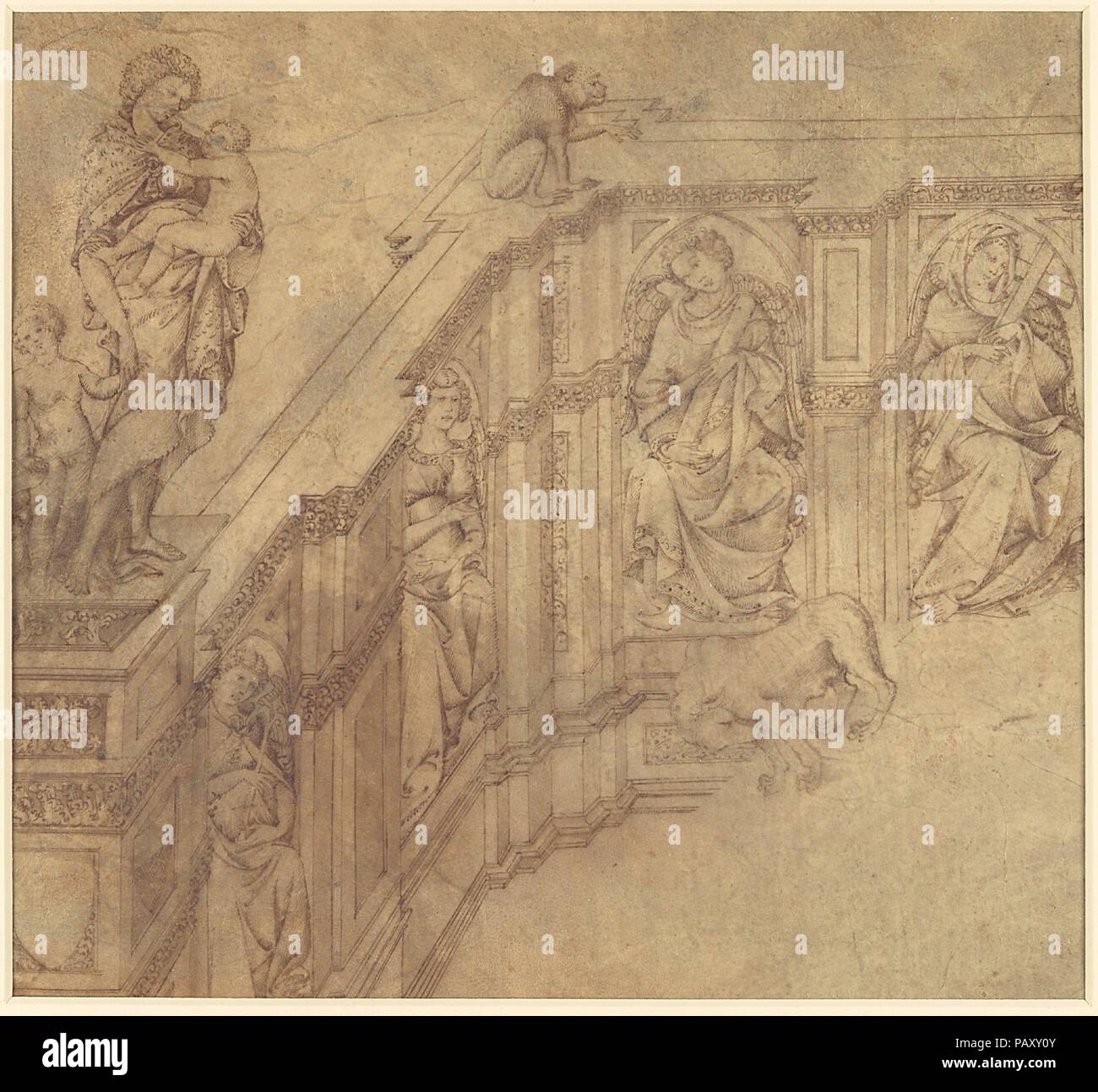 Design Fragment for the Left Side of the 'Fonte Gaia' in Siena. Artist: Jacopo della Quercia (Jacopo di Pietro d'Angelo di Guarnieri) (Italian, Siena 1374?-1438 Siena). Dimensions: 7-13/16 x 8-7/16 in.  (20.1 x 21.4 cm). Date: 1415-16.  This is one of the most historically important early Italian drawings in a United States collection, and is associated with a famous sculptural project in Renaissance Italy. The details of the project are complex but illuminate the crucial role of this drawing in the development of the commission. They are summarized here with new research.   In 1408, Jacopo de Stock Photo