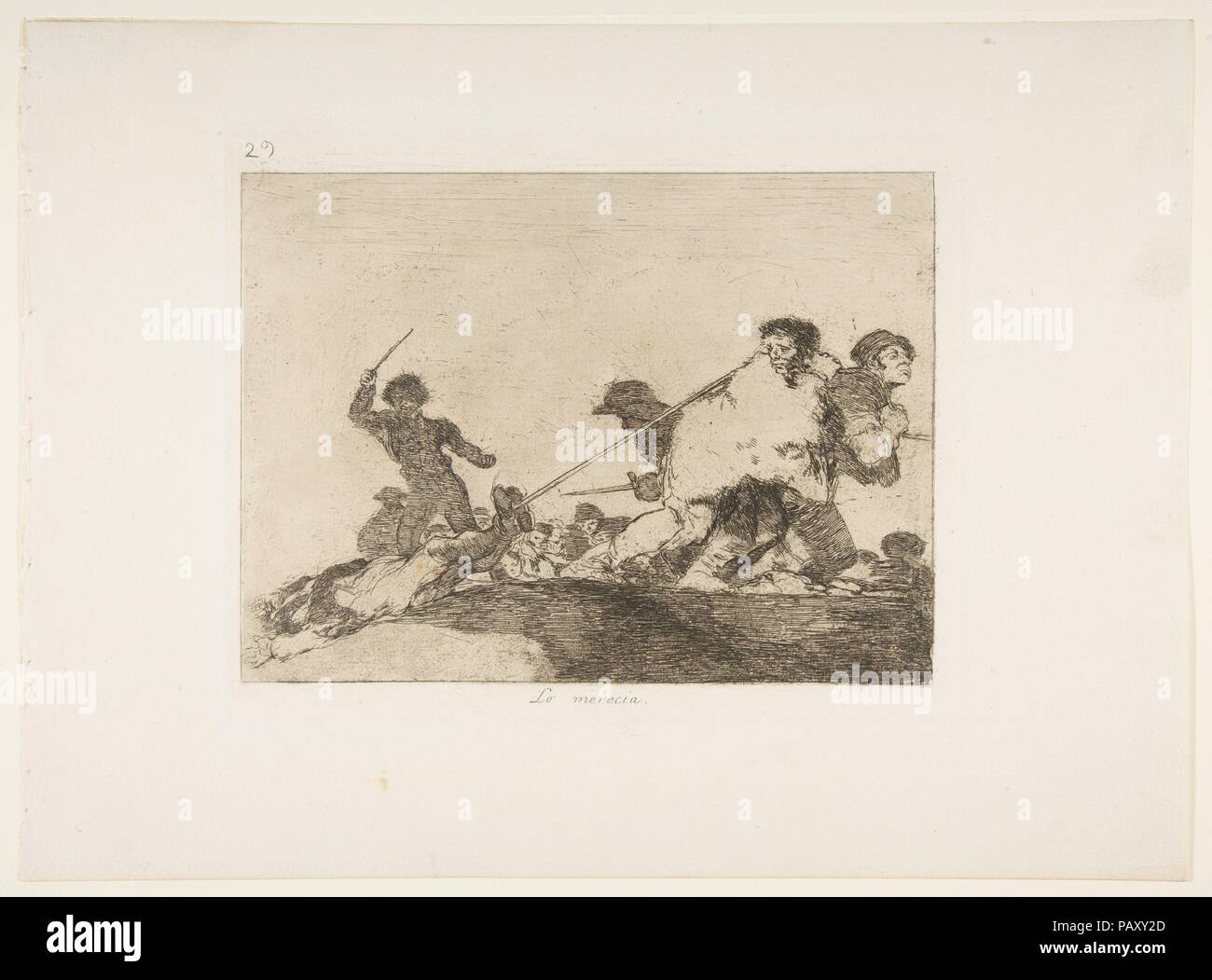 Plate 29 from 'The Disasters of War' (Los Desastres de la Guerra):: 'He deserved it.' (Lo merecia.). Artist: Goya (Francisco de Goya y Lucientes) (Spanish, Fuendetodos 1746-1828 Bordeaux). Dimensions: Plate: 6 7/8 × 8 1/2 in. (17.4 × 21.6 cm)  Sheet: 13 7/16 x 9 7/8 in. (34.2 x 25.1 cm). Series/Portfolio: The Disasters of War. Date: 1810 ( published 1863). Museum: Metropolitan Museum of Art, New York, USA. Stock Photo