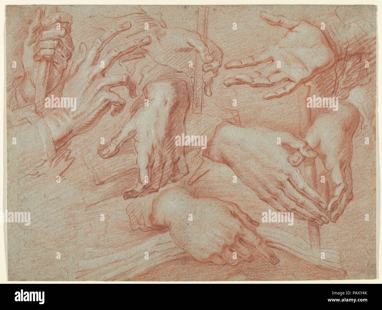 Study of Hands (recto); Study for a Reclining St. Francis (verso). Artist: Daniele Crespi (Italian, Busto Arsizio 1597/1600-1630 Milan). Dimensions: Sheet: 8 1/8 in. × 11 in. (20.7 × 28 cm). Date: ca. 1628-30.  This powerful study of hands, drawn after a live model, was used by Crespi for several of his fresco portraits of Carthusian monks at the Chartreuse of Garegnano, in the outskirts of Milan. Repertory drawings such as this one that could be referenced in the making of several figures helped the artist complete the large frescoes in a short amount of time, between 1628 and 1630. The decor Stock Photo