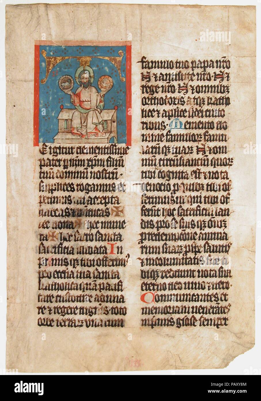 Manuscript Leaf with the Holy Trinity in an Initial T, from a Missal. Culture: South German. Dimensions: Overall: 13 1/16 x 8 7/8 in. (33.1 x 22.6 cm)  Illumination: 3 3/4 x 3 7/16 in. (9.5 x 8.8 cm)  Study mat size: 17 15/16 x 14 in. (45.6 x 35.5 cm). Date: ca. 1390. Museum: Metropolitan Museum of Art, New York, USA. Stock Photo