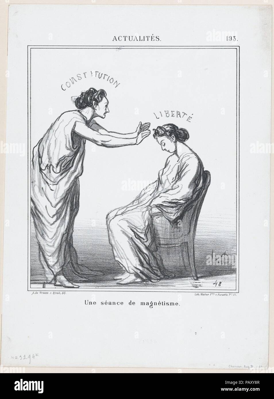 A session of hypnotism, from 'News of the day,' published in Le Charivari, August 31, 1869. Artist: Honoré Daumier (French, Marseilles 1808-1879 Valmondois). Dimensions: Image: 9 7/16 × 8 1/16 in. (24 × 20.5 cm)  Sheet: 14 1/4 × 10 1/2 in. (36.2 × 26.6 cm). Printer: Walter Frères. Publisher: Arnaud de Vresse. Series/Portfolio: 'News of the day' (Actualités). Date: August 31, 1869. Museum: Metropolitan Museum of Art, New York, USA. Stock Photo