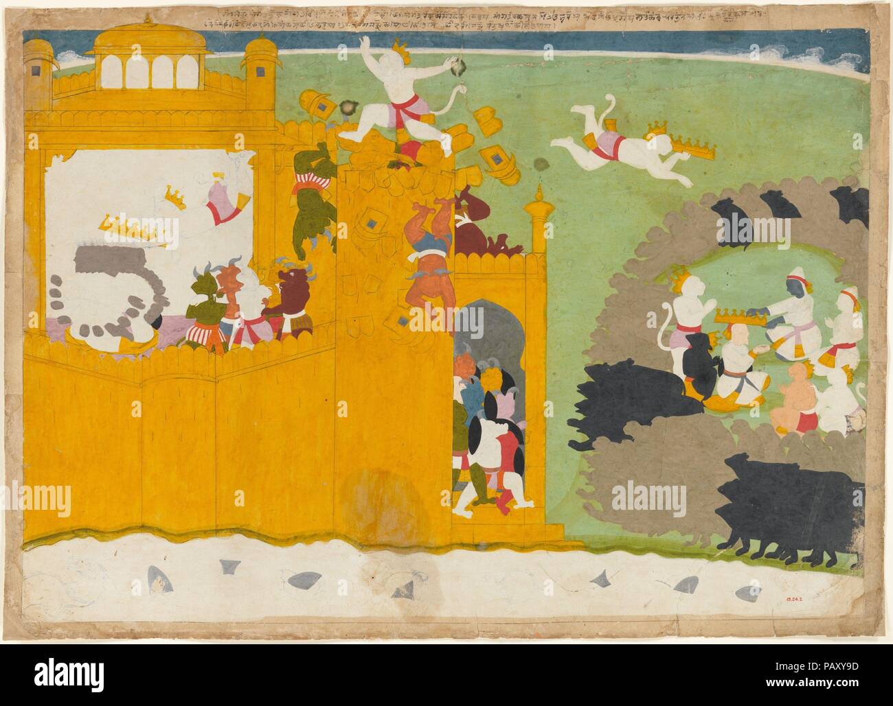 The Monkey Leader Angada Steals Ravana's Crown from His Fortress. Artist: Attributed to Manaku (active ca. 1725-60). Culture: India (Punjab Hills, Guler). Dimensions: 22 5/16 x 33 in. (56.7 x 83.8 cm). Date: ca. 1725.  This scene is described in Valmiki's Ramayana: 'Then [Angada] the powerful son of Bali, scaled [Ravana's] palace up to its roof . . . the impact of his bounds caused it to crumble.' The great monkey warrior Angada is shown four times: leaping over the ramparts and casting down demons, stealing Ravana's crown, flying though the air to return to Rama's camp, and attending the crow Stock Photo