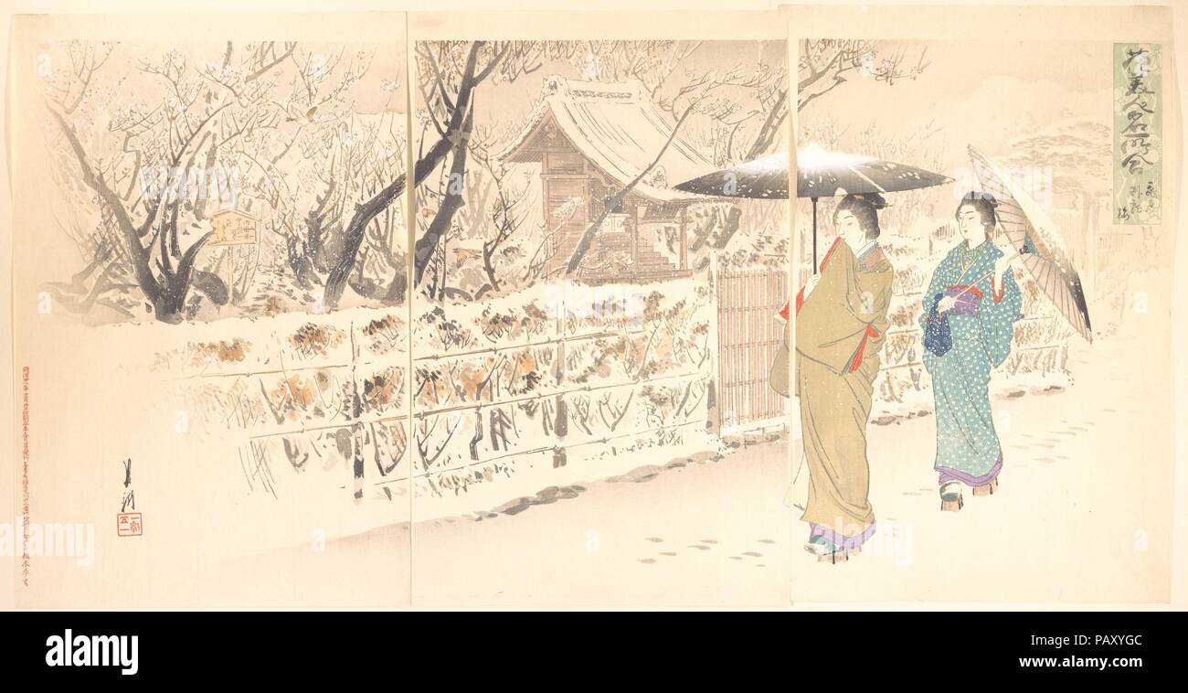 'The 'Crouching Dragon' Plum Tree at Kameido' from the series An Array of Flowers, Beauties, and Famous Places (hana bijin meisho awase). Artist: Ogata Gekko (Japanese, 1859-1920). Culture: Japan. Dimensions: Image (each): 14 in. × 9 3/8 in. (35.6 × 23.8 cm). Date: 1895.  In the years following the Russo-Japanese War, largely due to the growing popularity of photography, traditional woodblock printing declined. Only a few print artists, including Gekko, managed to survive commercially. His boldly composed, oversize triptych prints stood out from others' output, and came to be called shin nishi Stock Photo