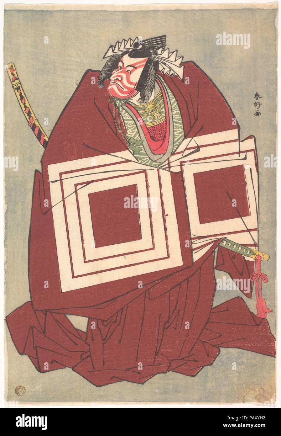 Ichikawa Danjuro V in a Shibaraku Performance. Artist: Katsukawa Shunko (Japanese, 1743-1812). Culture: Japan. Dimensions: H. 12 7/8 in. (32.7 cm); W. 8 5/8 in. (21.9 cm). Date: ca. 1789.  The Ichikawa family was renowned for playing heroic 'Shibaraku!' roles. Shown here in such a performance, Danjuro wears a persimmon red robe with a huge family crest of three nested squares (mimasu) on each of his large sleeves. His face shows red lines on white makeup, and he wears a bizarre wig. Shunko portrayed Danjuro V striking a pose (mie) at a climactic moment to make a powerful impression on the audi Stock Photo