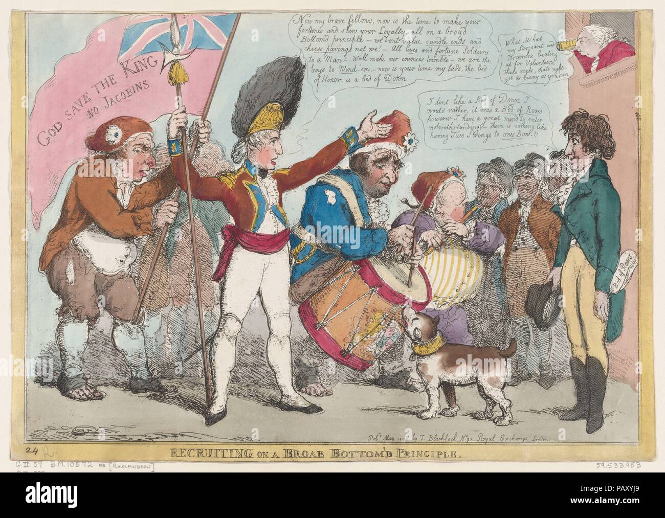 Recruiting on a Broab [sic] Bottom'd Principle. Artist and publisher: Thomas Rowlandson (British, London 1757-1827 London). Dimensions: Sheet: 11 7/16 × 16 3/8 in. (29 × 41.6 cm). Publisher: T. Blacklock (British, active London, ca. 1806). Subject: Charles James Fox (British, 1749-1806); George III, King of Great Britain and Ireland (British, London 1738-1820 Windsor); Richard Brinsley Sheridan (Irish, Dublin 1751-1816 London); Edward Smith Stanley, 12th Earl of Derby. Date: May 1806. Museum: Metropolitan Museum of Art, New York, USA. Stock Photo